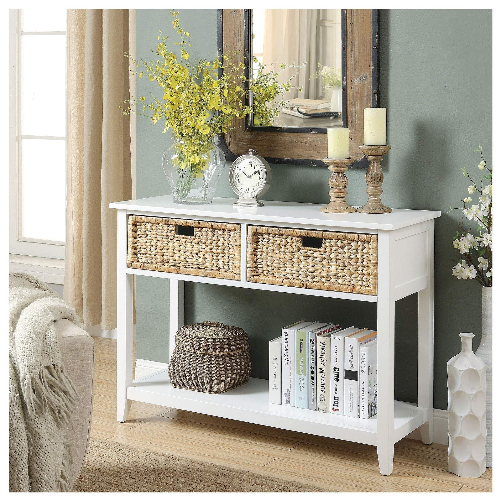 Modern White Console Table with 2 Woven Basket Drawers - Entryway, Living Room & Hallway Furniture for Home Decor