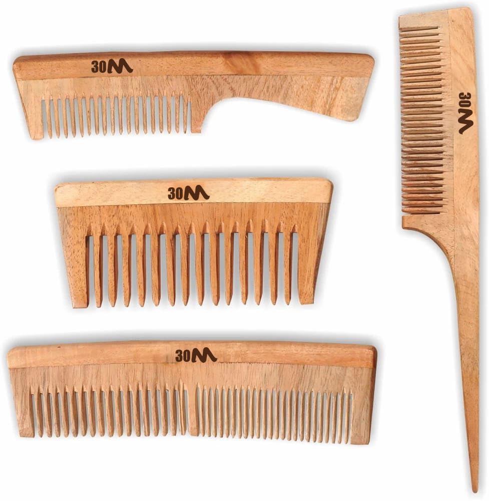30M Wooden Comb for Hair Growth & Dandruff Control - Anti Hairfall & Frizz Reduction - Natural Oil Treated Wood Comb for Men & Women (Pack of 4) - Perfect for Daily Hair Care, Styling & Scalp Massage