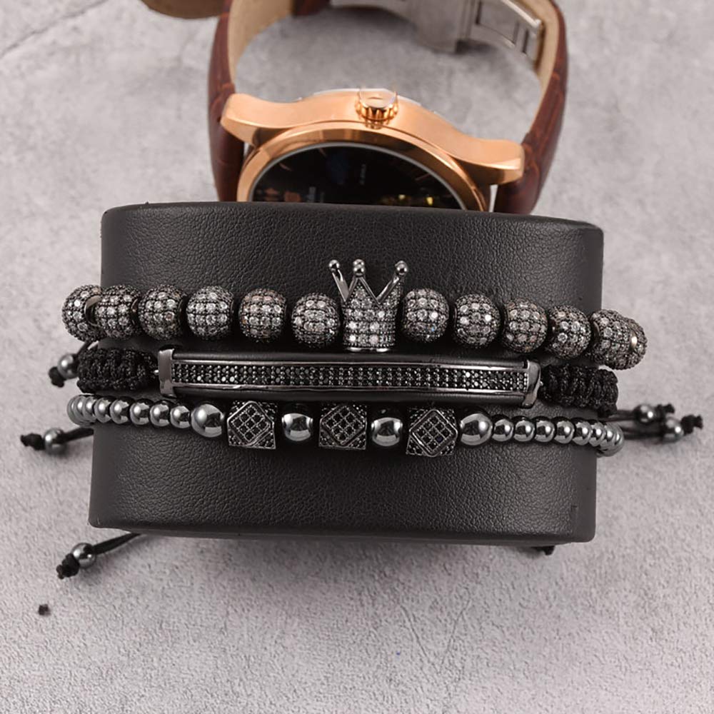 WFYOU Imperial Crown Bracelet for Men - 18kt Gold Plated Cubic Zirconia Beaded Cross Charm Bracelet - Luxury Gift for Him - Perfect for Weddings, Anniversaries & Special Occasions
