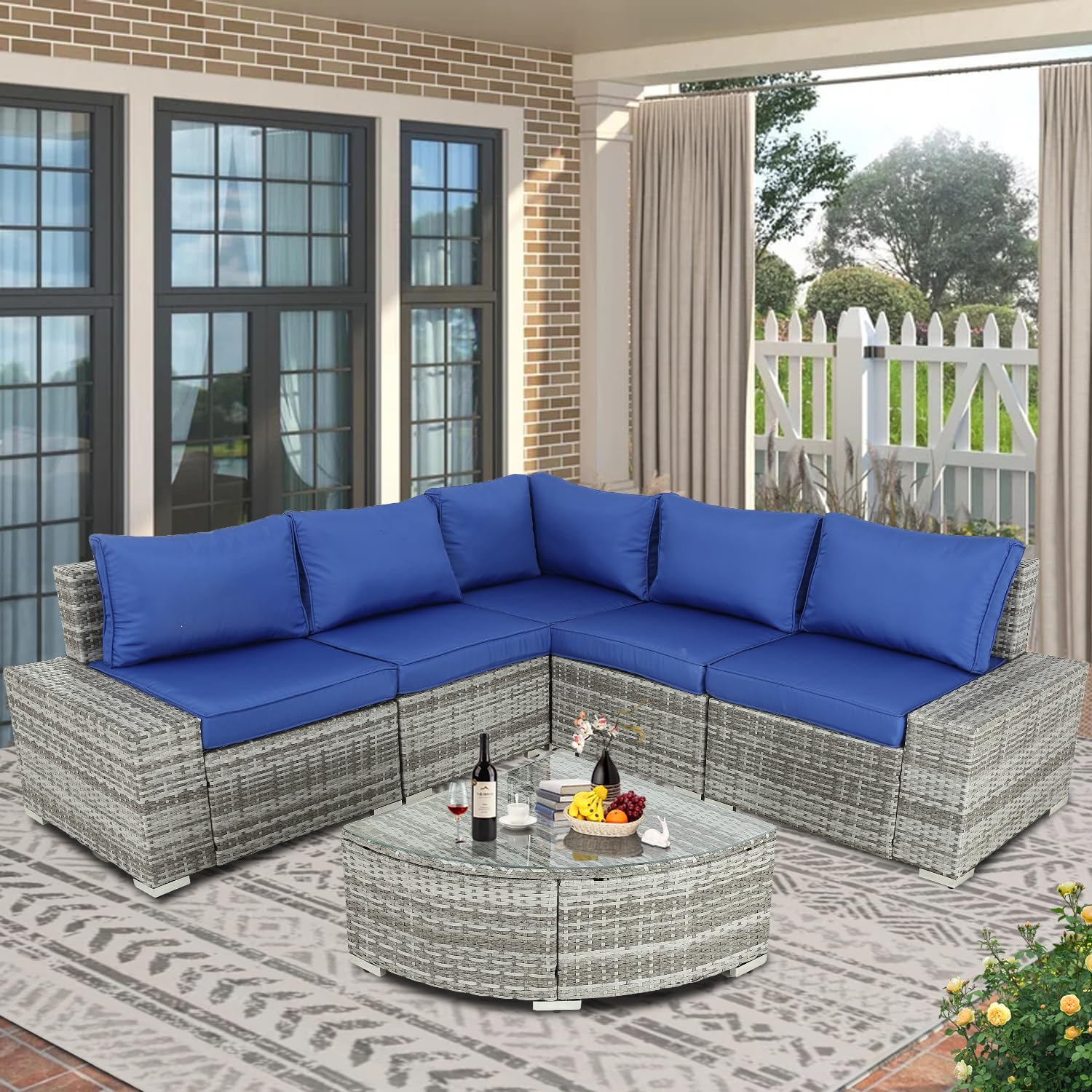 Do4U 6-Piece Outdoor Patio Furniture Set - PE Wicker Rattan Sectional Sofa with Steel Frame & Cushions - Grey-Blue Conversation Set for Backyard, Poolside, Lawn or Garden Relaxation