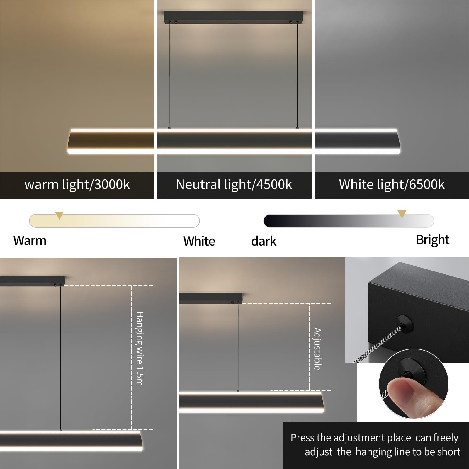 Modern Black Linear Pendant Lights - Dimmable LED Chandelier for Kitchen Island, Dining Room & Office - Adjustable Height Ceiling Light for Billiard Room, Pool Table & Bar Decor - Perfect for Contemporary Home & Commercial Spaces