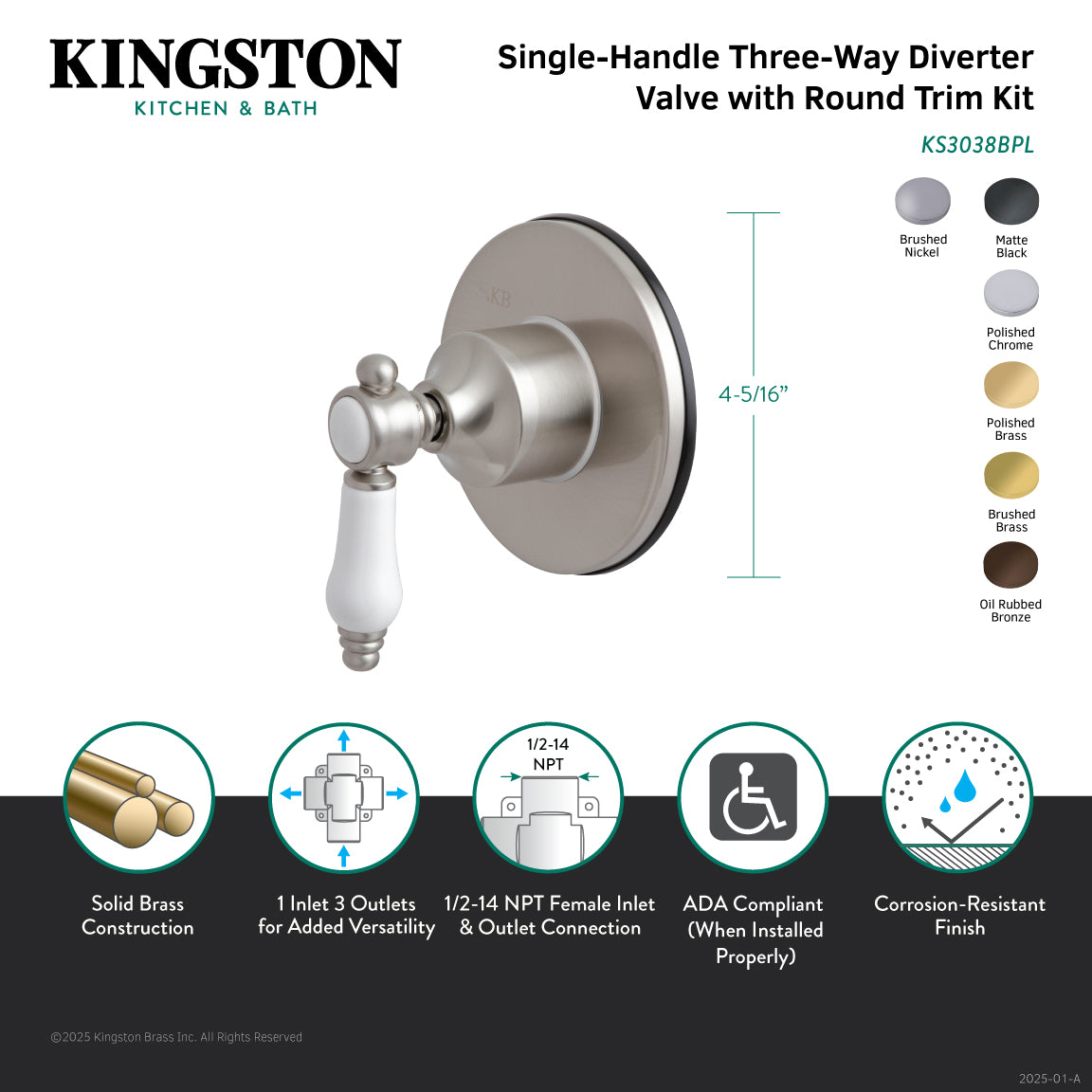 Bel Air KS3038BPL Single Handle 3-Way Diverter Valve with Round Trim Kit in Brushed Nickel - Perfect for Shower, Bathtub, and Bidet Plumbing Installations