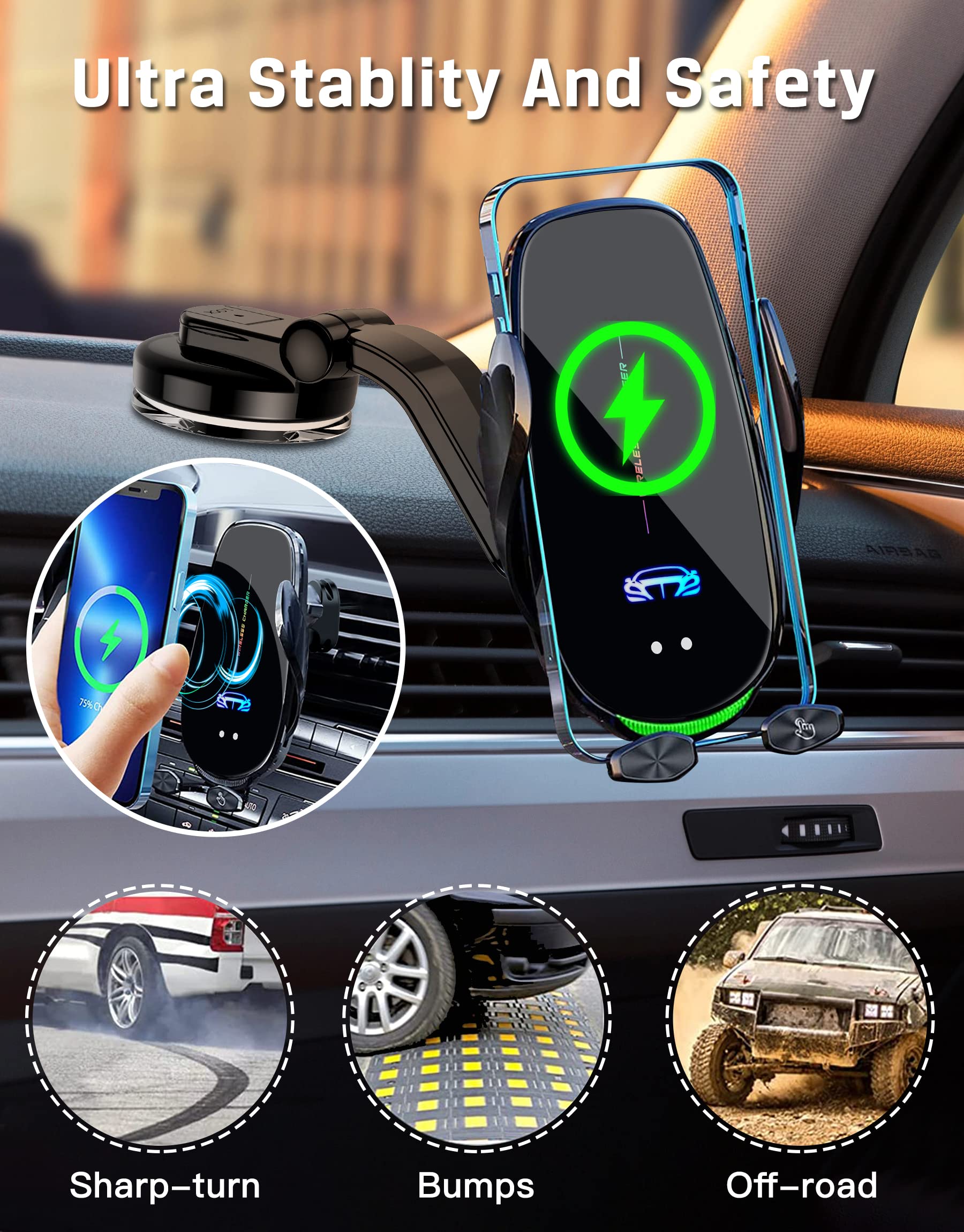 Fast Charging 15W Wireless Car Phone Holder - Auto Clamping Qi-Certified Charger Mount for iPhone 15/14/13/12 & Samsung Galaxy S23/S22 (All Qi-Enabled Phones) | Perfect for Road Trips & Commuting