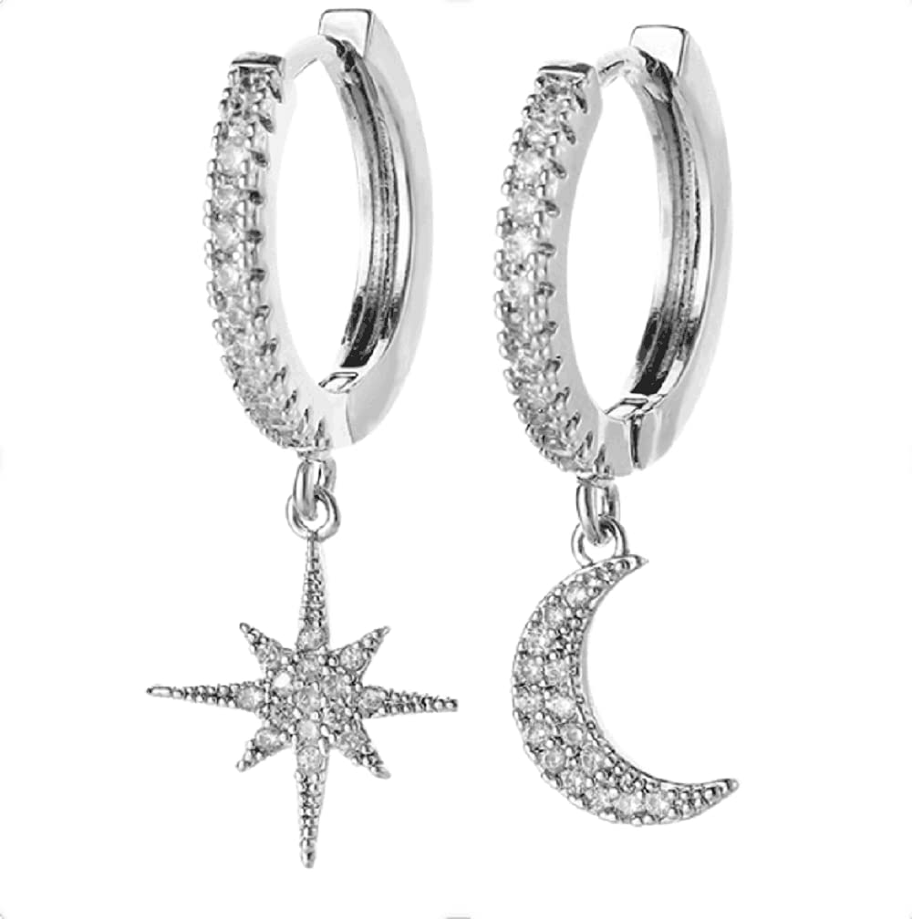 Moon Star Dangle Small Hoop Earrings for Women - Sterling Silver with Crystal Charms, Asymmetrical Snowflake & Crescent Drop - Delicate Cartilage Clip Jewelry - Perfect Birthday Gift for Best Friend | Everyday Wear, Party & Special Occasions