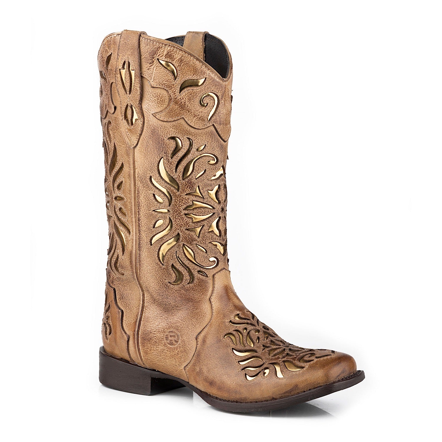 Roper Women's Belle II Tan Leather Cowboy Boots with Gold Foil Accents - Perfect for Western Rides, Country Concerts & Casual Outfits
