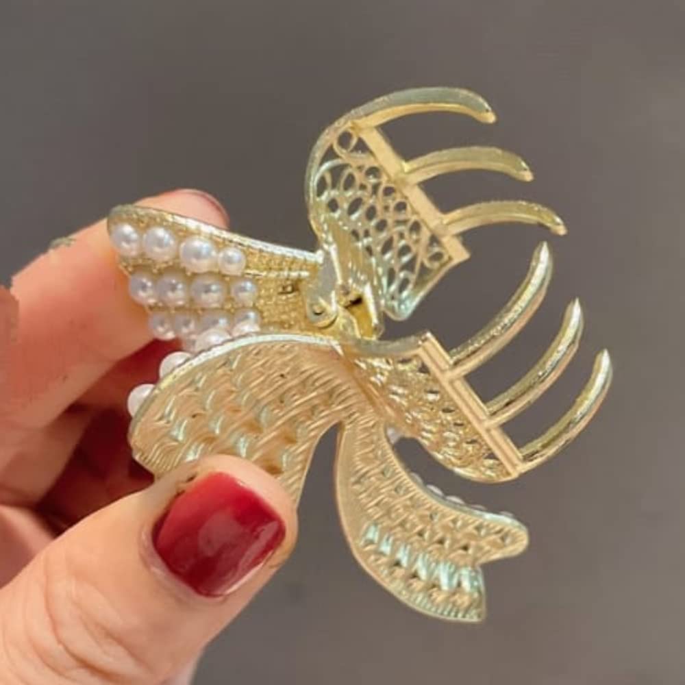 RSJ TRADERS - 1 Piece Pearl Hair Claw Clip with Bow for Women & Girls, Metal Hair Clutch Accessory for Ponytail, Bun & Updo Hairstyles | Elegant Hair Clips for Parties, Weddings & Daily Wear