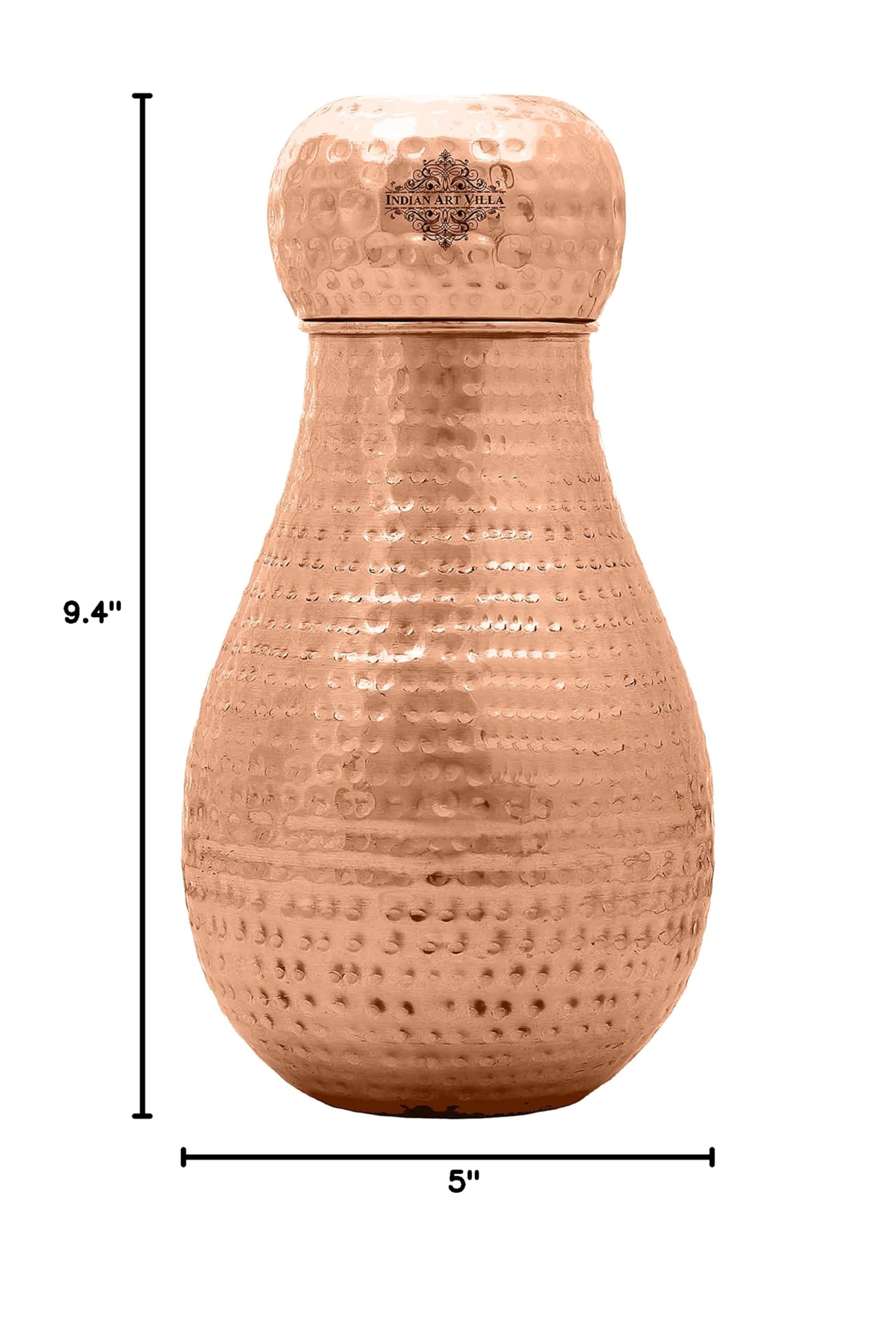 Pure Copper Water Bottle with Inbuilt Glass & Hammered Matka Design - 54 Oz (Pack of 2) | Aesthetic Drinkware for Bedroom, Office & Travel | Ayurvedic Copper Storage Vessel for Healthy Hydration