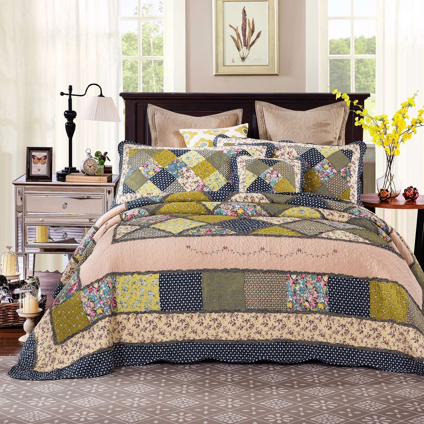Tache Home Fashion Floral Patchwork Quilt Bedspread Set - Twin Size Green Spring Design | Lightweight Bed Cover for Guest Room, Dorm Decor & Cozy Bedroom Upgrade
