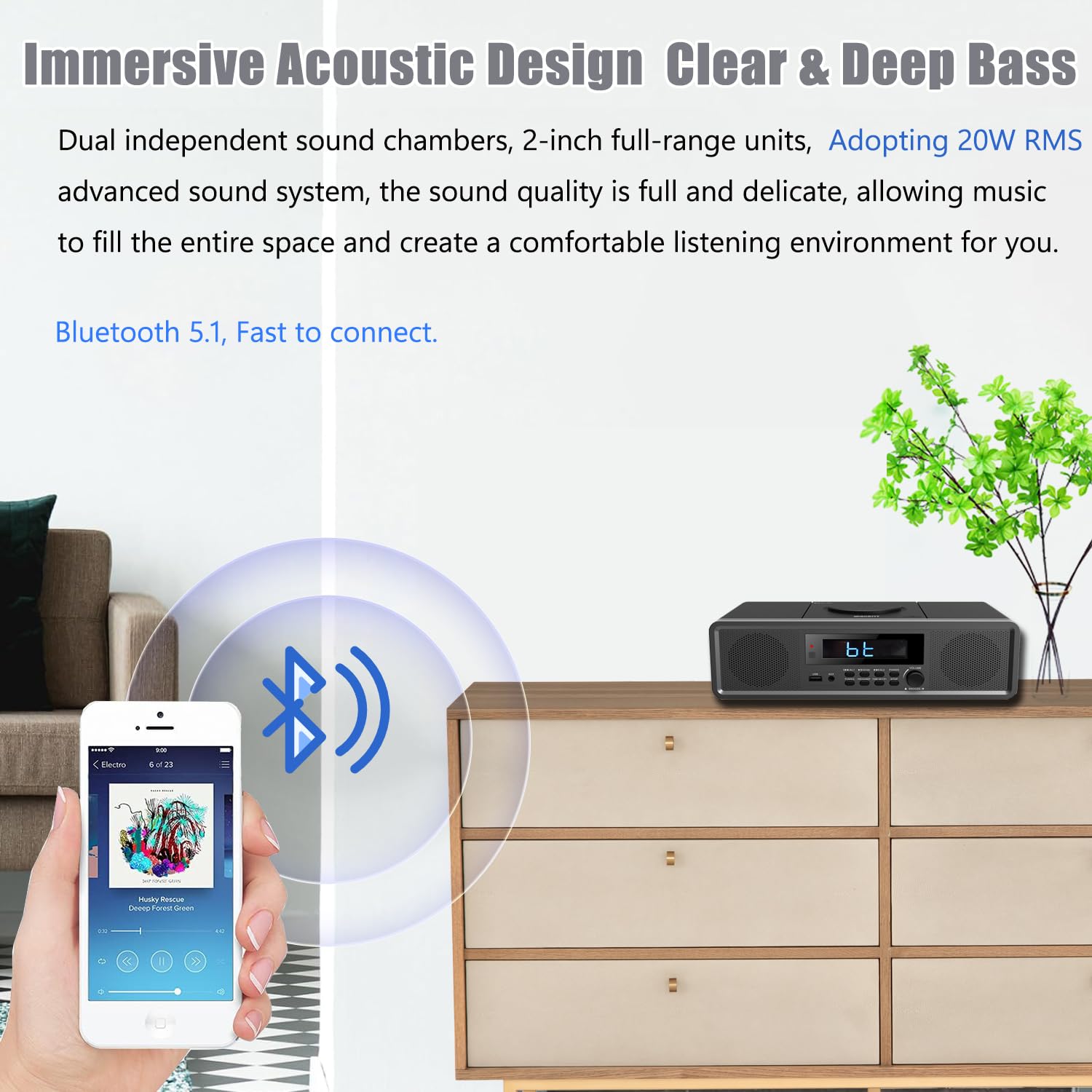 Bluetooth CD Player Stereo System with FM Radio, Aux Input, USB Port, Digital Clock & Alarm - Perfect for Home, Office, and Bedroom Use (Black)