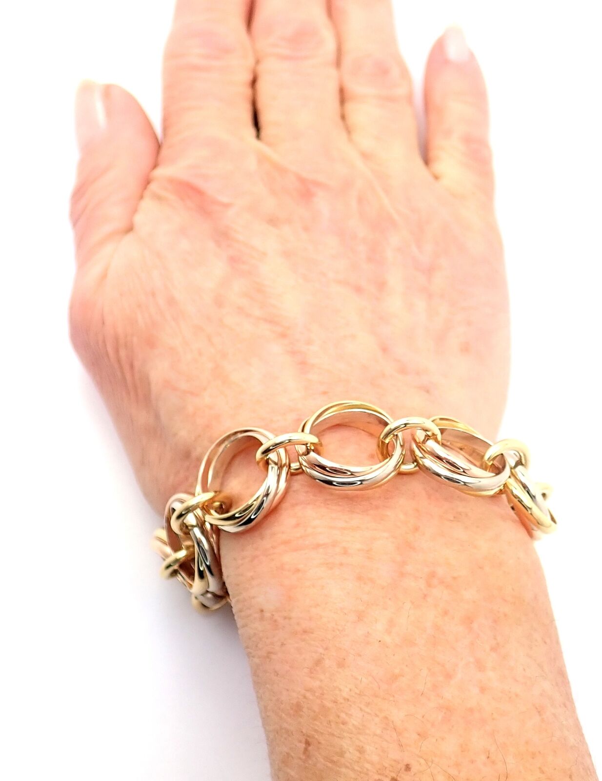 Authentic Cartier Trinity 18K Tri-Color Gold Round Wide Link Bracelet for Women - Luxury Jewelry Gift for Anniversary, Birthday & Special Occasions