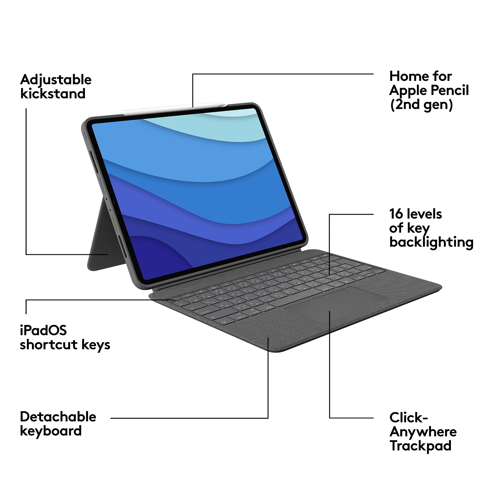 Logitech Combo Touch Keyboard Case for iPad Pro 12.9-inch (5th & 6th Gen 2021-2022) - Detachable Backlit Keyboard with Kickstand, Multi-Touch Trackpad, Smart Connector - Oxford Gray (US Layout) | Perfect for Work, Study & Creative Projects
