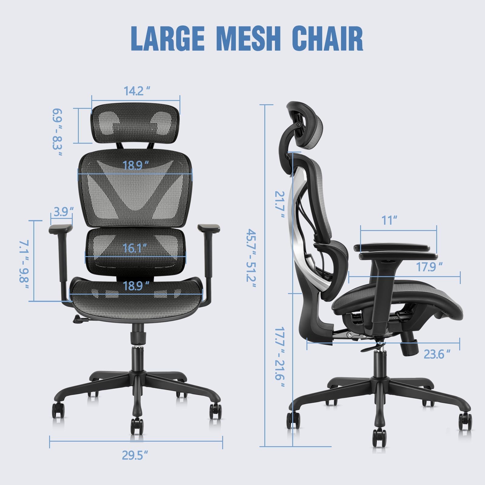 GABRYLLY Ergonomic Office Chair - Big and Tall Mesh Computer Chair with Adjustable Lumbar Support, 3D Armrests & Headrest - High Back Desk Chair for Home Office, Gaming & Work (Grey) - Perfect for Long Hours Sitting, Back Pain Relief & Productivity Boost