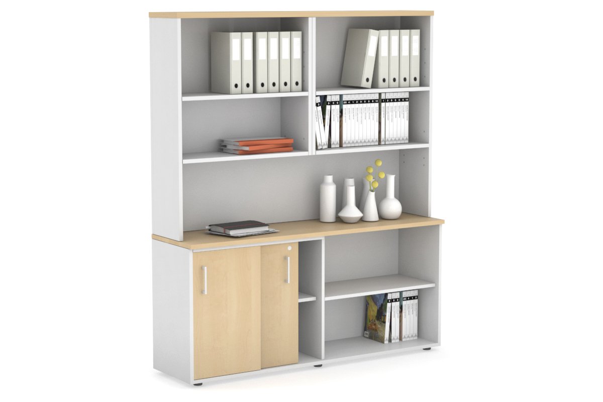 Modern 2-Door Sliding Credenza with Open Storage Hutch - Stylish Home Office & Living Room Furniture for Organization & Display
