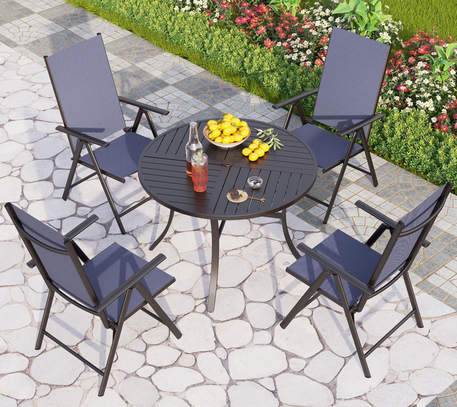 PHI VILLA 4-Piece Outdoor Patio Dining Set with Adjustable Folding Sling Chairs - Weather-Resistant Garden, Deck & Yard Furniture for Backyard BBQs, Poolside Relaxation & Outdoor Entertaining