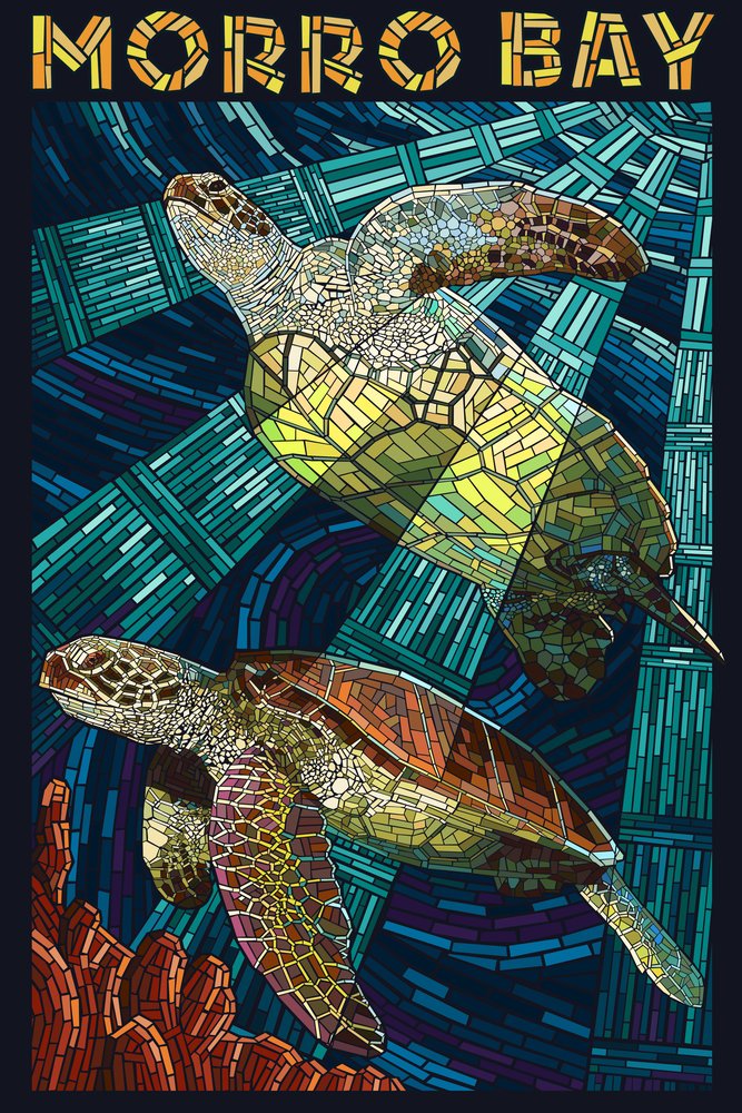 Morro Bay California Sea Turtles Mosaic Wall Art Poster - 12x18 Inches Coastal Decor for Living Room, Bedroom & Office - Perfect Beach House Decor & Ocean Theme Gift