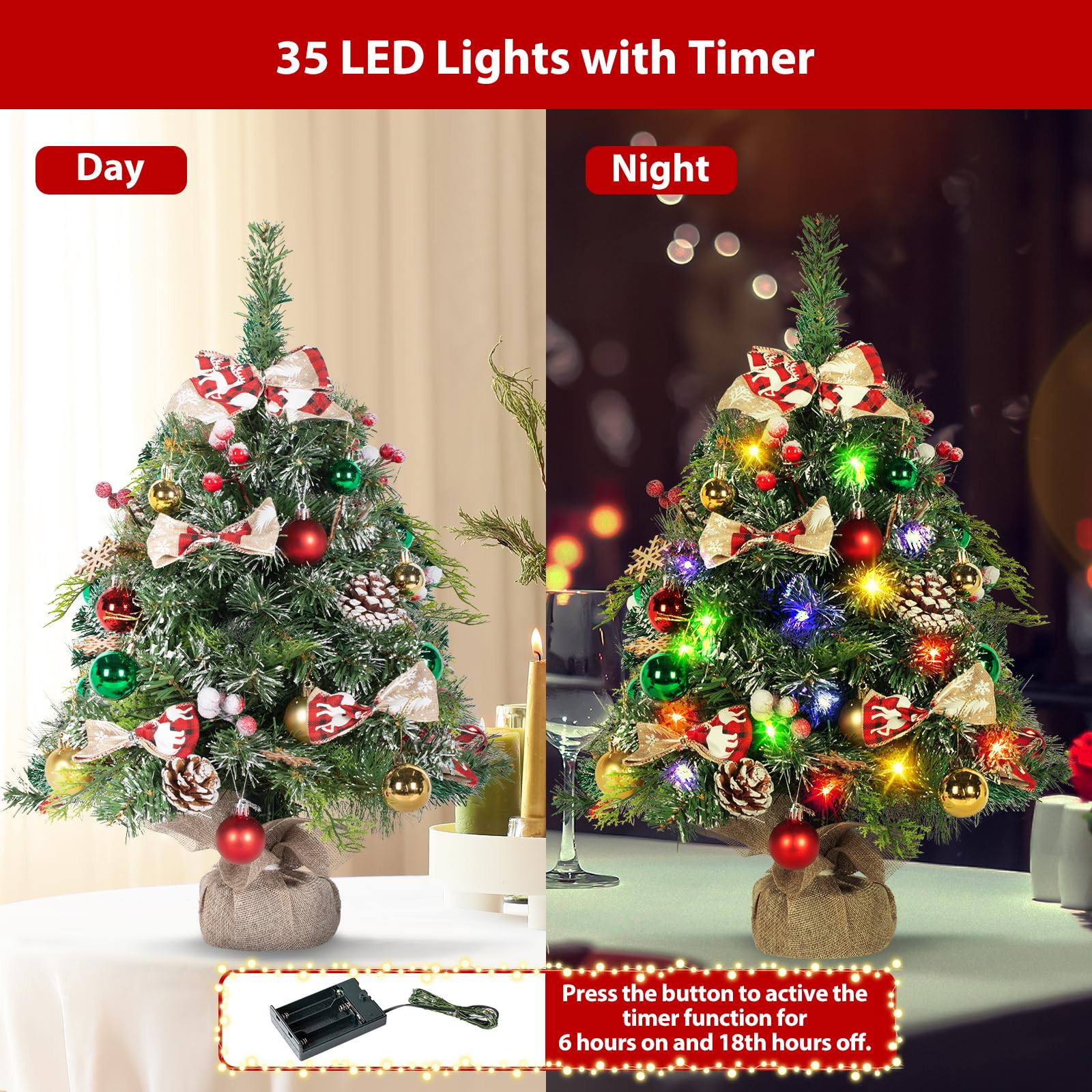 NALONE 24 Inch Mini Christmas Tree with Battery Operated LED Lights & Timer - Snow Dusted Artificial Tabletop Xmas Tree with 36 Ornaments, Pinecones & Red Berries - Perfect for Home, Office, Dorm & Holiday Decorations