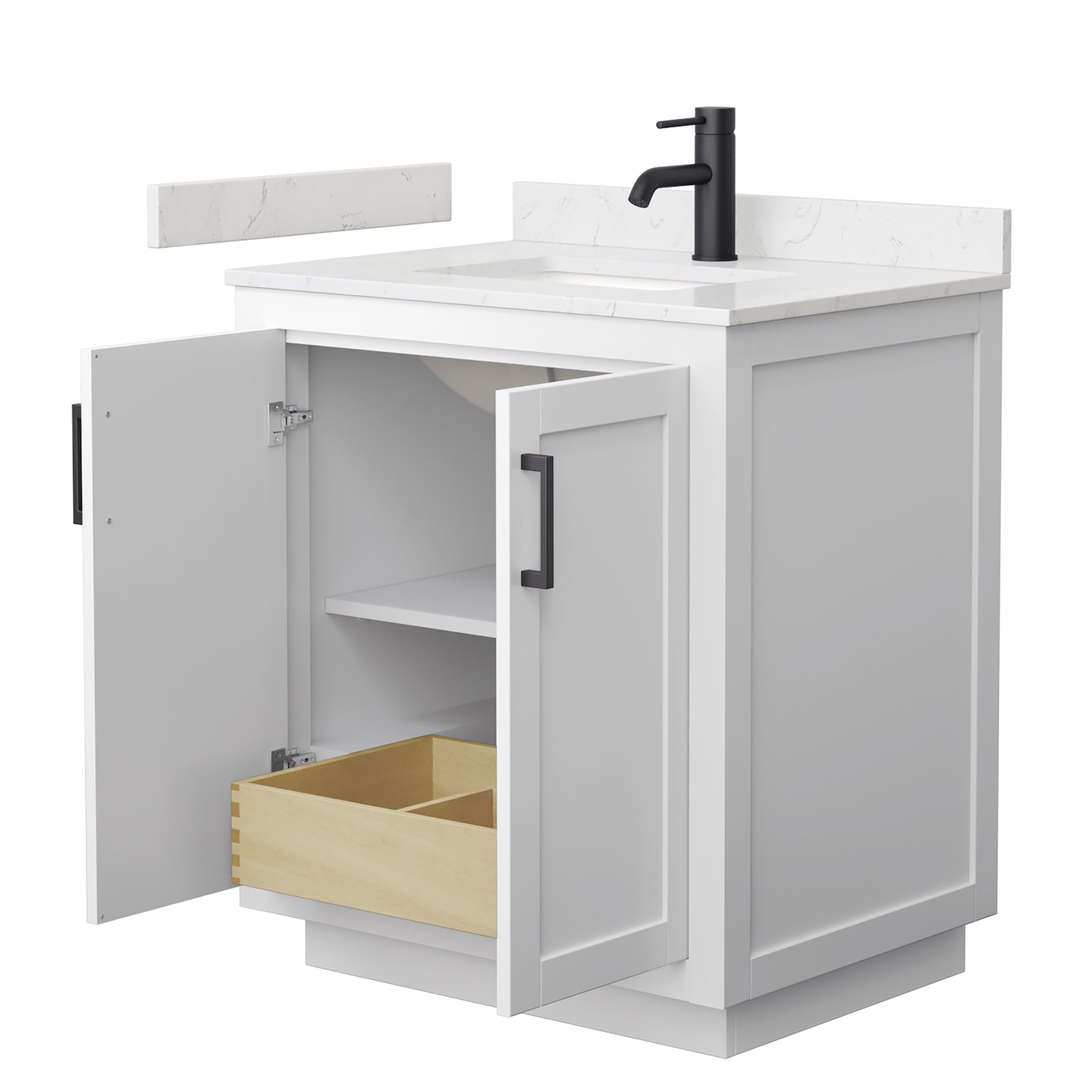 Wyndham Collection Miranda 30 Inch White Bathroom Vanity with Light-Vein Carrara Cultured Marble Countertop & Undermount Square Sink - Matte Black Trim for Modern Bathroom Renovation & Home Upgrade