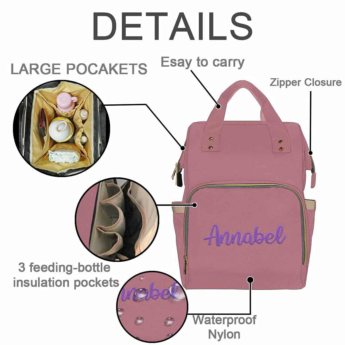 Artsadd Custom Embroidered Diaper Backpack - Personalized Pink Baby Bag with Name for Mom, Waterproof Nursing Travel Daypack for Girls & Boys | Perfect Baby Shower Gift & Everyday Use for Moms on-the-go