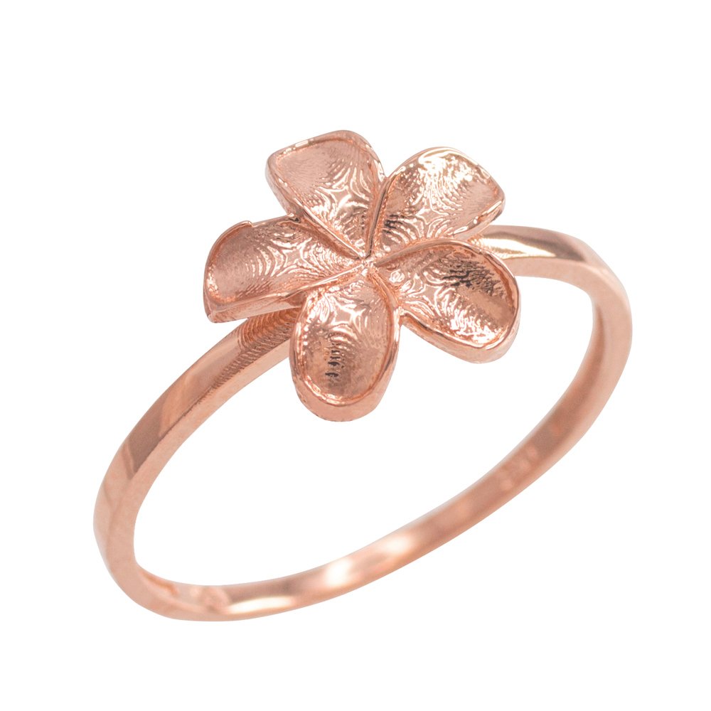 10k Rose Gold Hawaiian Plumeria Flower Ring for Women - Delicate Dainty Jewelry Gift for Bridesmaids, Anniversary, Beach Vacation & Tropical Themed Parties