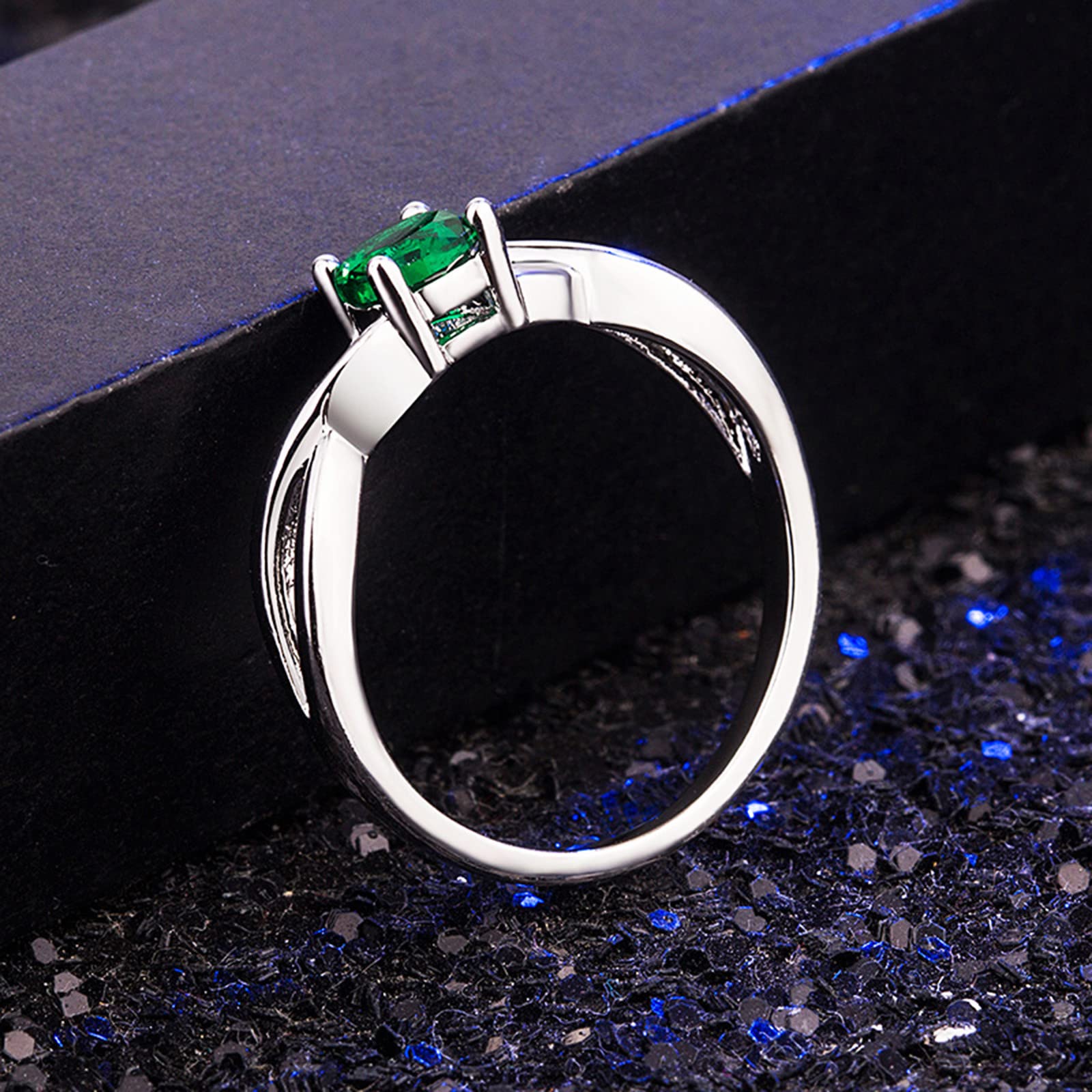Elegant Green Crystal Rhinestone Cocktail Ring for Women - Silver Shiny Wedding Band & Promise Ring - Size 7 - Perfect for Parties, Date Nights & Special Occasions