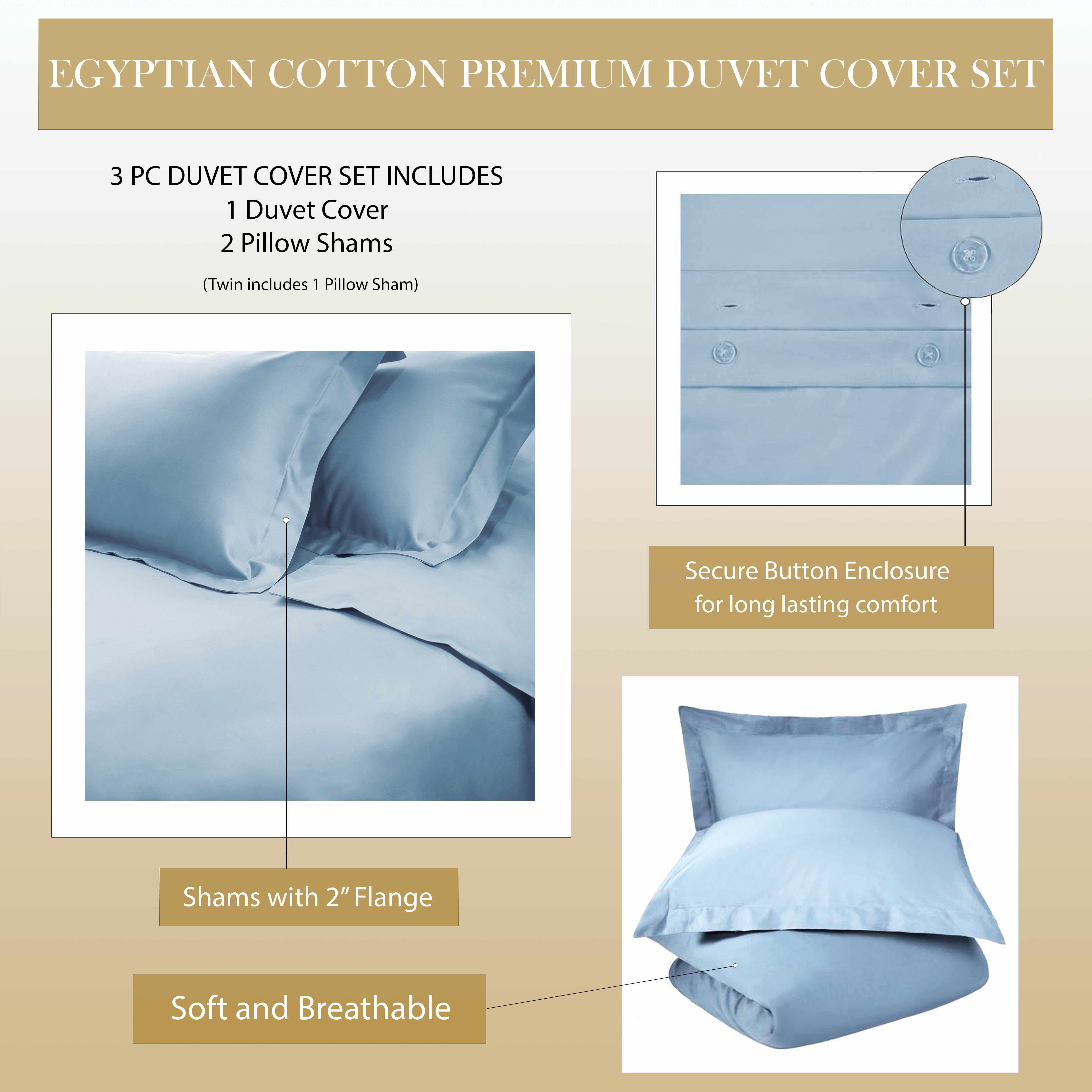 1000 Thread Count Egyptian Cotton Solid Duvet Cover Set - Luxury Bedding for Master Bedroom & Guest Room - Soft Breathable Duvet Cover for All Seasons