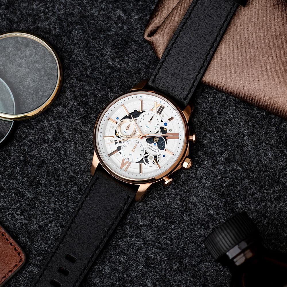 ARIES GOLD BELFAST Moon G 7013 RG Leather Men's Watch - Luxury Stainless Steel Chronograph for Business & Formal Occasions