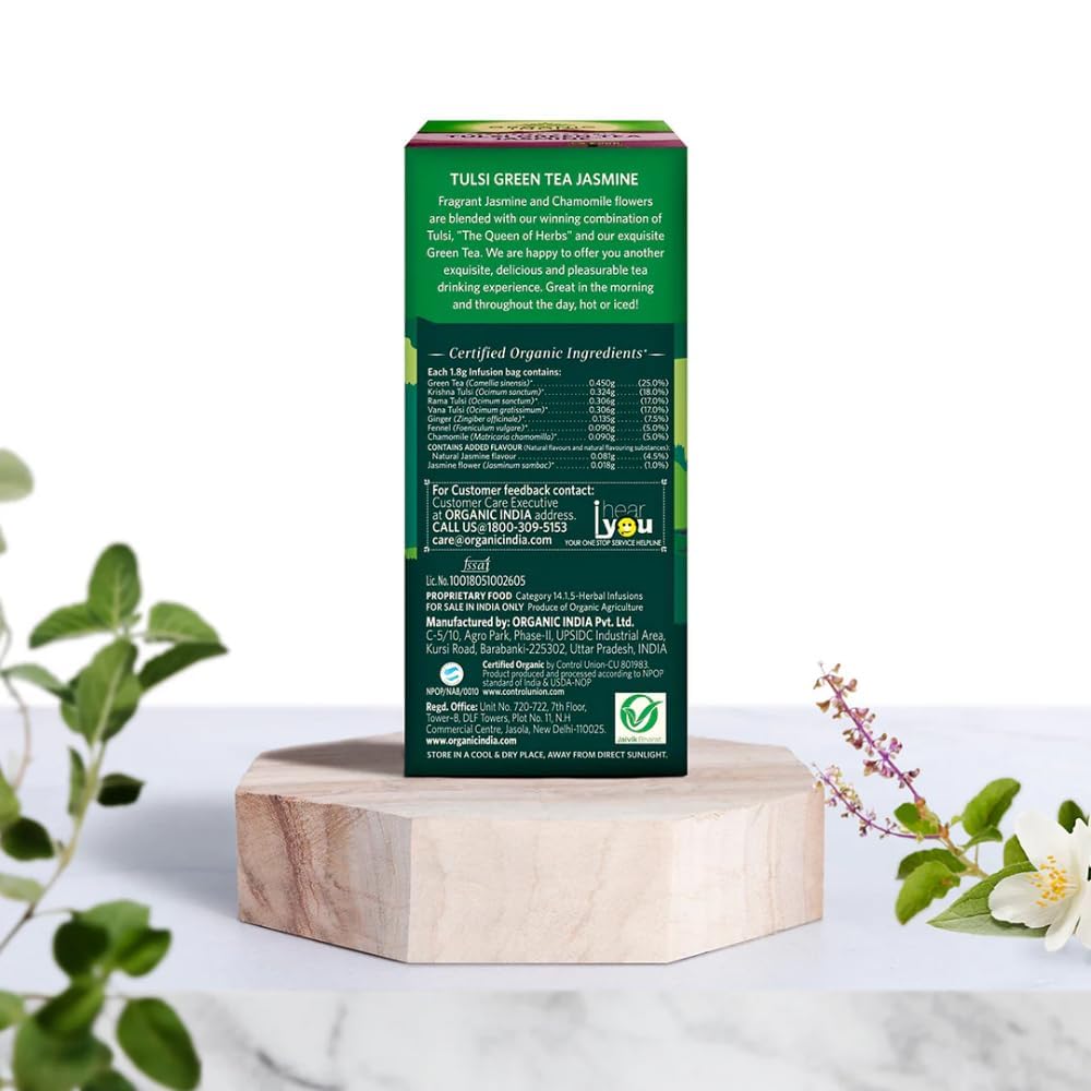 ORGANIC INDIA Tulsi Green Jasmine Tea - 25 Herbal Tea Bags | USDA Organic, Caffeine-Free | Perfect for Relaxation, Meditation & Stress Relief