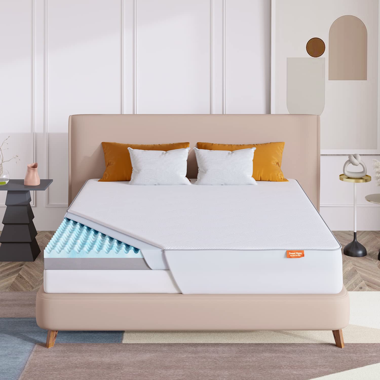 Sweetnight 3 Inch Cooling Gel Memory Foam Mattress Topper Queen Size - Bamboo Charcoal Infused, Medium Plush, Waterproof Mattress Protector with 4 Bed Sheet Holder Straps - Perfect for Hot Sleepers, Guest Beds & Dorm Rooms