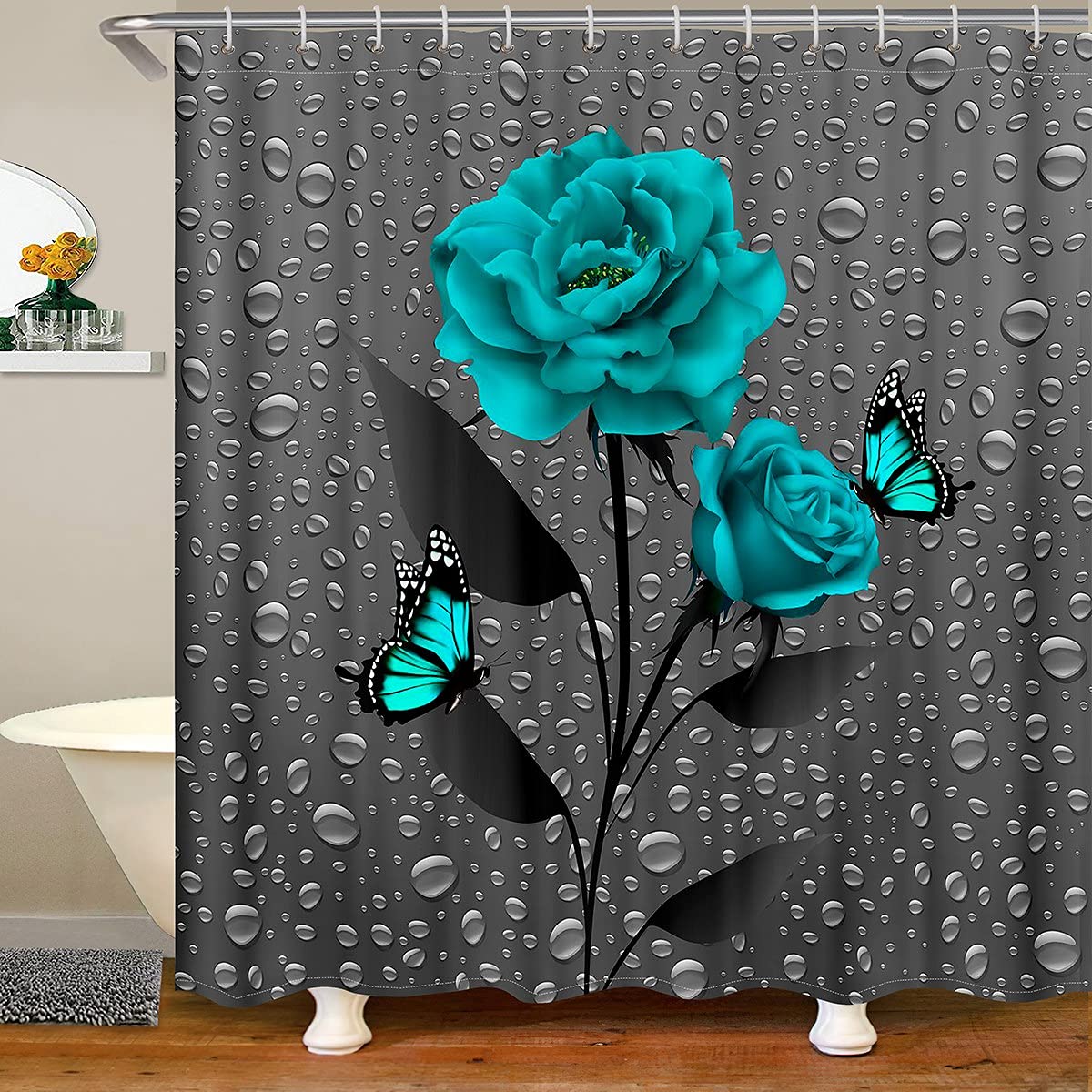 Blue Rose Shower Curtain with Butterfly & Floral Print - Waterproof Bathroom Decor for Bathtub (72x72 Inches) Includes 12 Hooks - Perfect for Modern Bathrooms, Guest Baths & Spa-Like Retreats