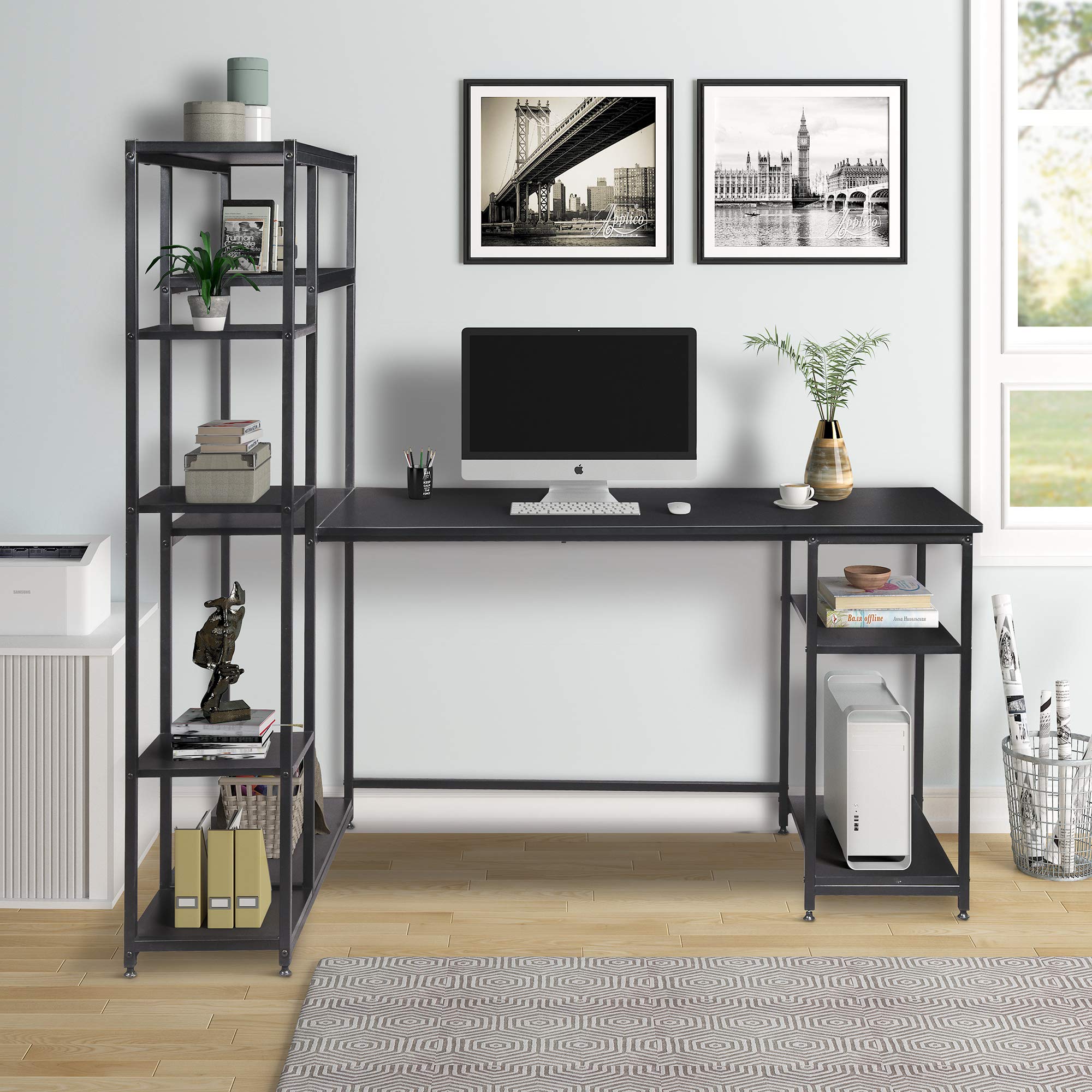 KLMM Black Gaming Desk with Bookshelves & Storage - Home Office & Study