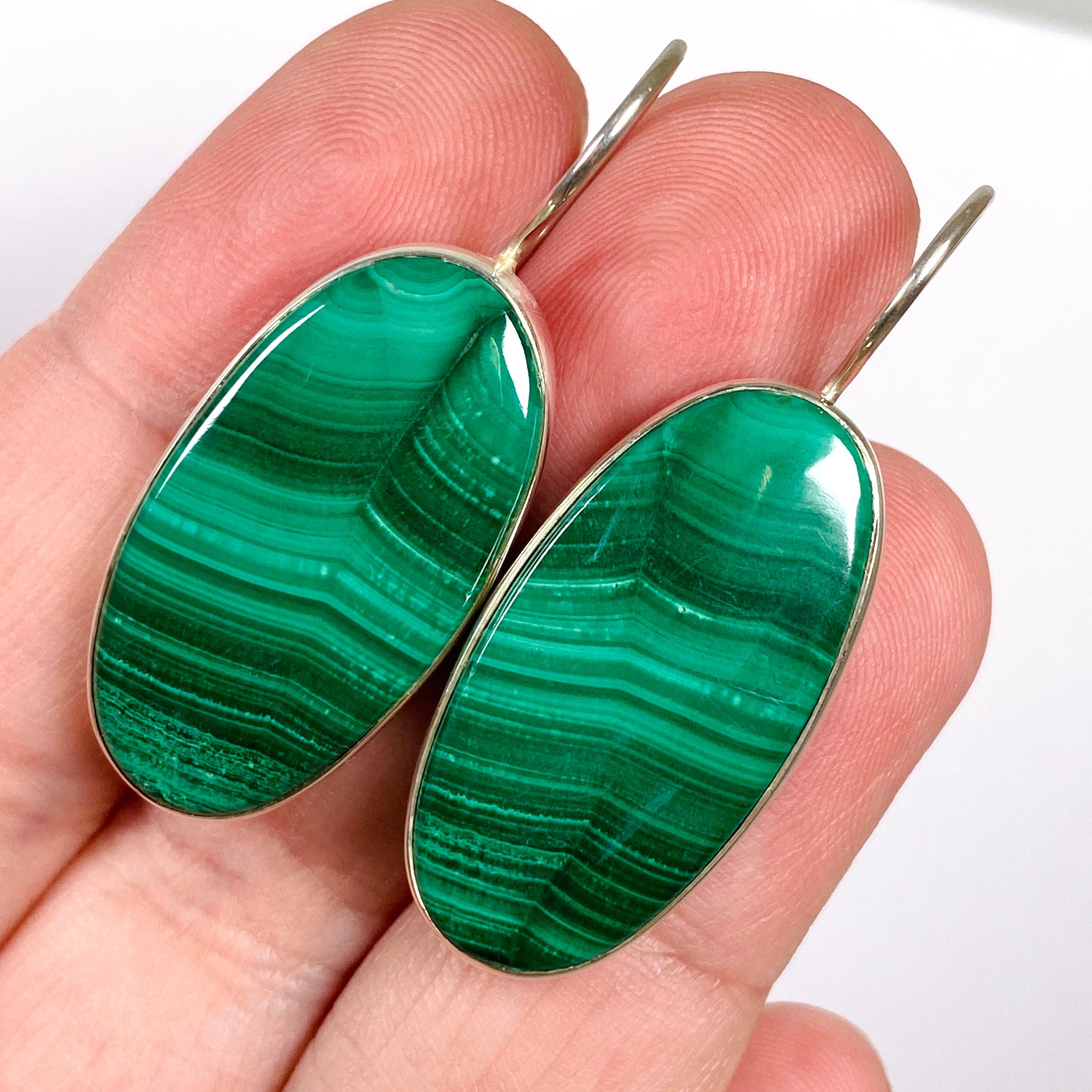 Natural Malachite Oval Fixed Hook Earrings KEGJ1341 – Elegant Green Gemstone Jewelry for Women, Perfect for Parties, Weddings & Special Occasions