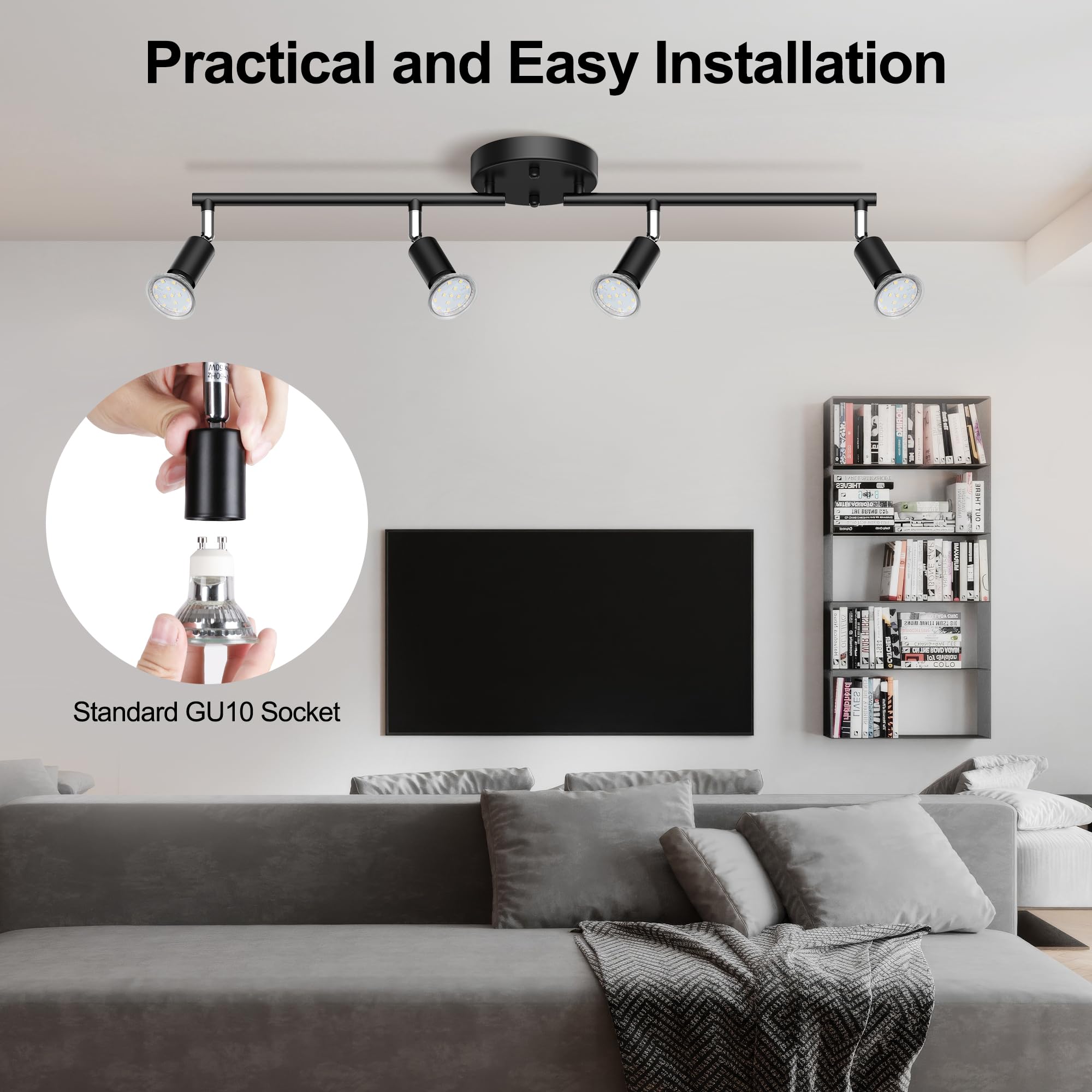 4-Light LED Track Lighting Kit - Adjustable Black Ceiling Spotlight with GU10 Bulbs for Kitchen, Cabinet, Gallery, Bar, Hallway & Living Room | Modern Flexible Fixture for Home & Office Lighting