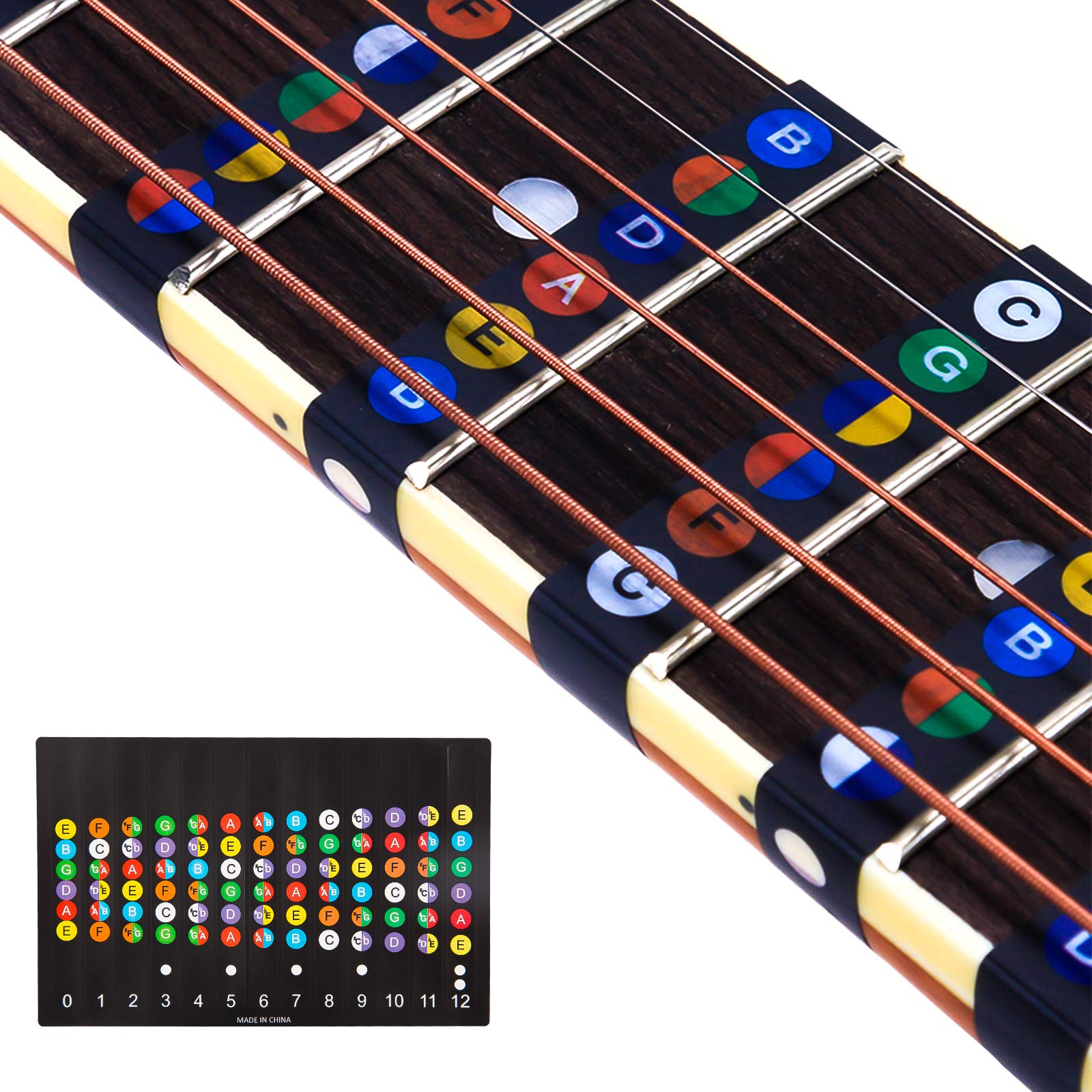 LUTER 2-Piece Guitar Fingerboard Stickers with 10 Guitar Picks & 6 Acoustic Strings - Beginner Fretboard Note Decals for Easy Learning | Perfect for Practice, Lessons & Home Music Sessions