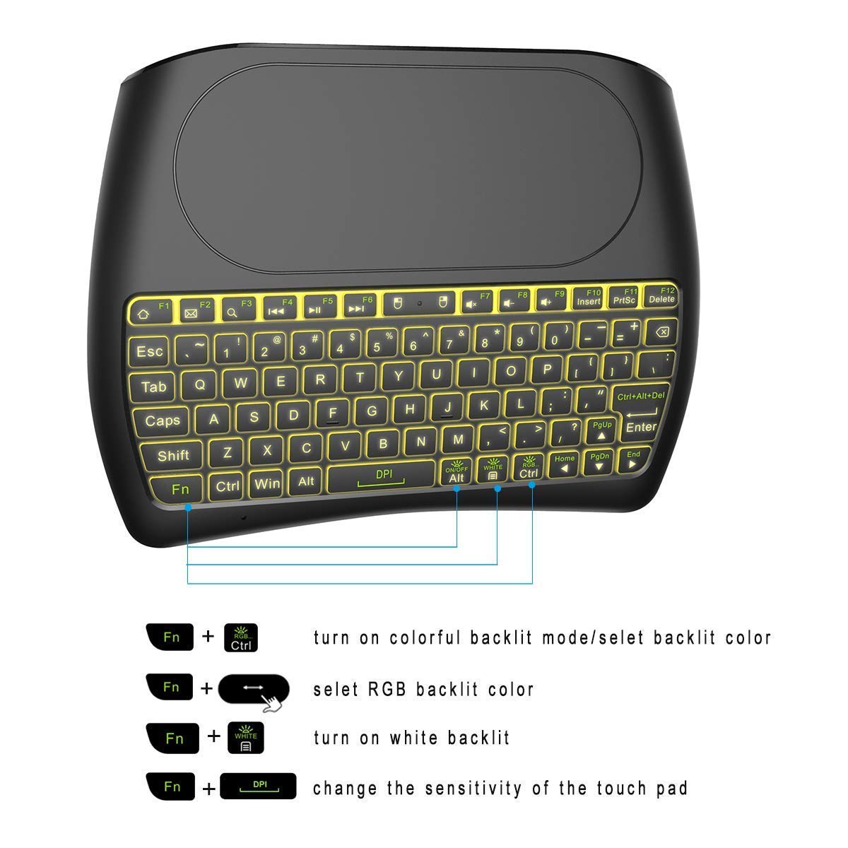 Mini Wireless Keyboard with Touchpad - Colorful Backlit Handheld Remote for PC, Laptop, Raspberry Pi 4, Android TV Box, KODI, Windows 7/8/10 - Perfect for Home Theater, Gaming & Smart TV Control