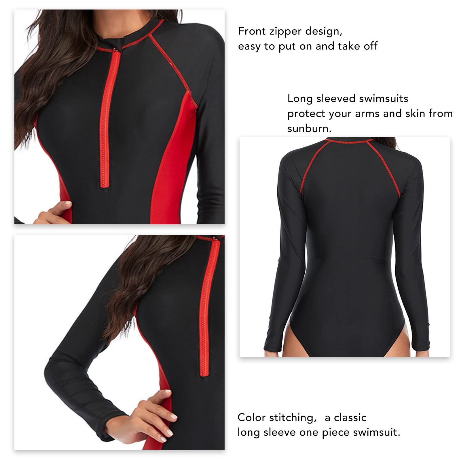 Women's Slim Fit Long Sleeve One-Piece Swimsuit with Front Zipper - Push Up Bathing Suit for Beach & Pool - XL Red - Perfect for Swimming, Surfing and Sun Protection