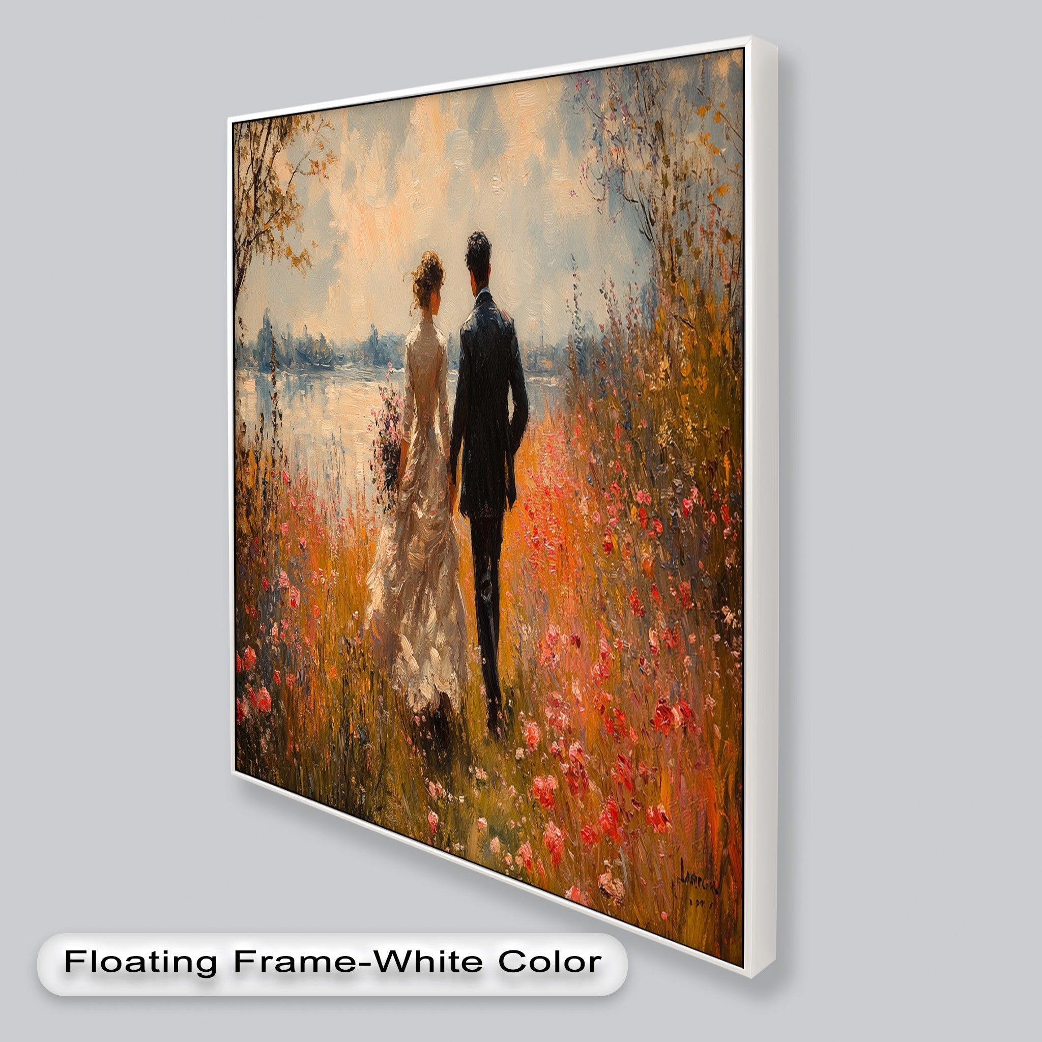 Impressionist Couple in Blooming Field Oil Painting - Romantic Wall Art for Living Room, Bedroom Decor - Perfect Gift for Anniversaries & Weddings
