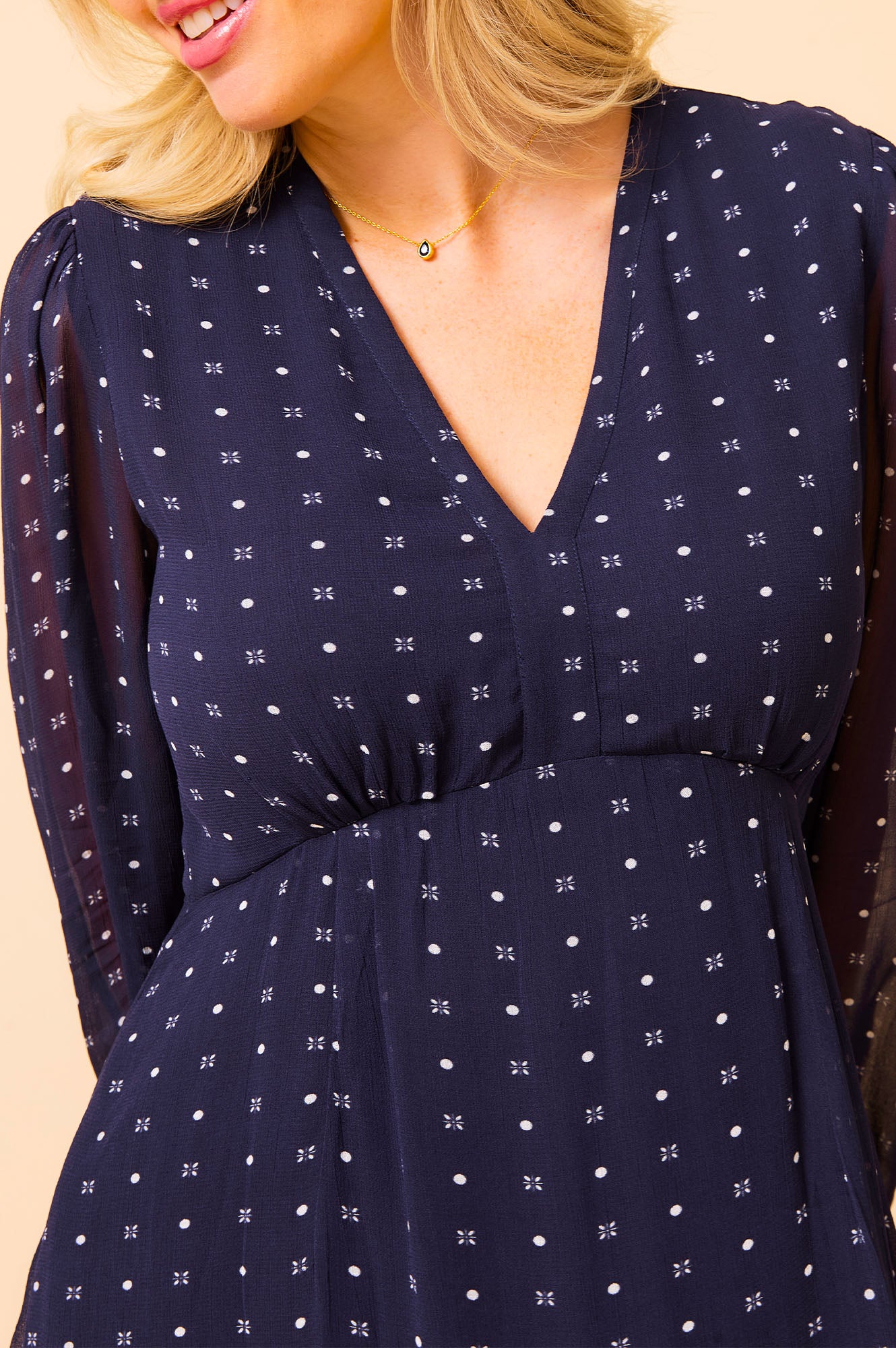 Evelyn Polka Dot Navy and White Dress - Women's Floral Summer Dress for Casual Wear, Office, and Special Occasions