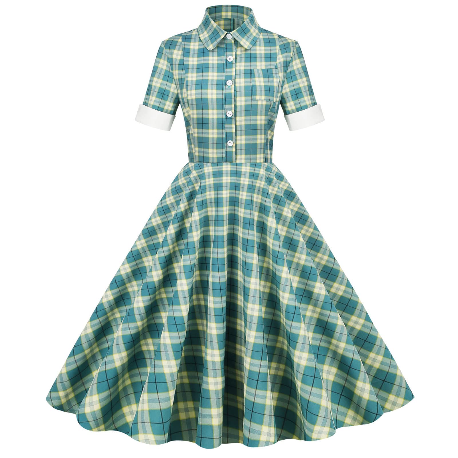 2022 Vintage Plaid Print Flared A-Line Swing Dress for Women - Summer Short Sleeve Casual Tea Dress for Cocktail Parties & Outdoor Events