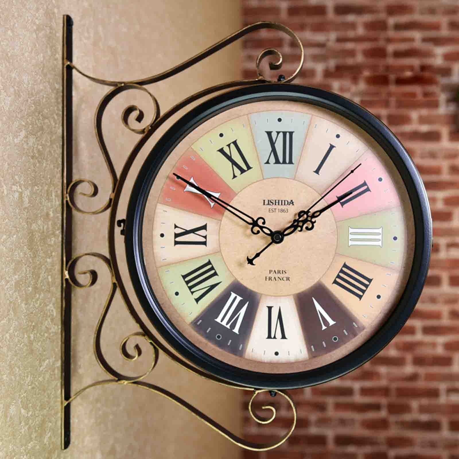 360° Rotating Double Sided Train Station Wall Clock - Waterproof Outdoor Garden Clock with Station Bracket for Patio, Backyard & Indoor Decor | Classic Vintage Style Home & Garden Decoration