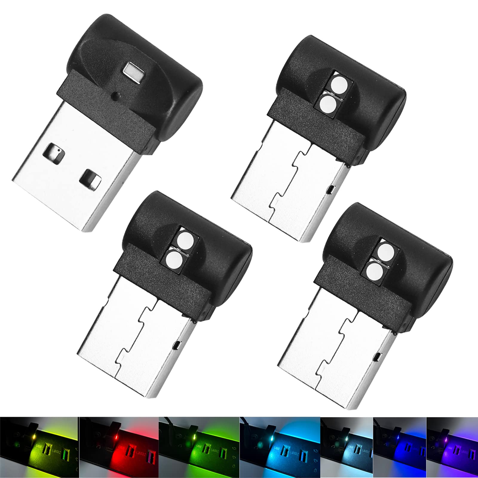 CONSIO 4Pcs Mini USB LED Lights - RGB Portable Ambient Lighting with 7 Color Adjustable & Brightness, 5V Smart USB Night Light for Car, Home, Computer, Gaming Setup & Bedroom Decoration - Perfect for Mood Lighting, PC Setup, Night Reading & Interior Design