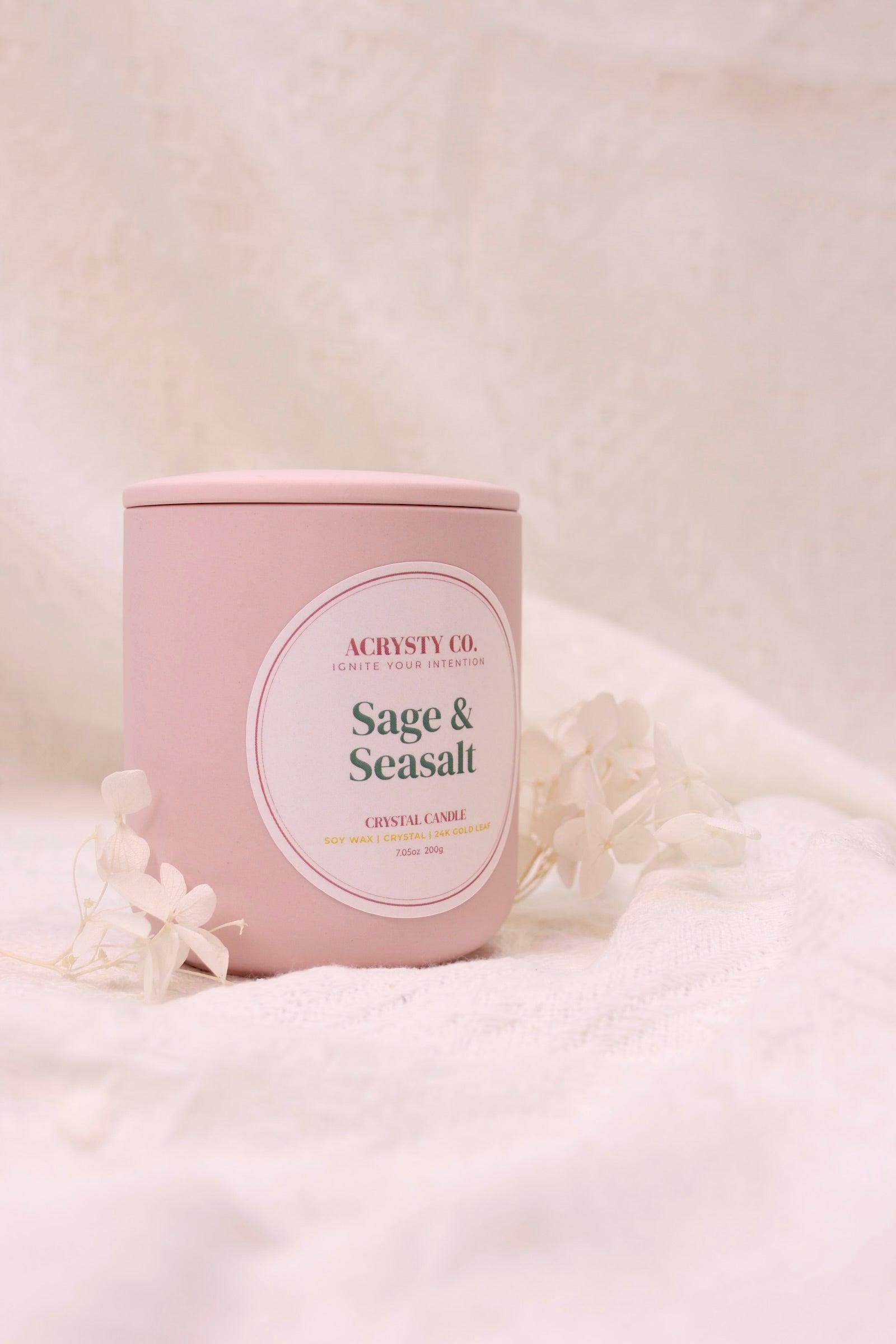 Crystal Intention Candle - Sage & Sea Salt Scented (200g) for Meditation, Relaxation & Positive Energy | Aromatherapy Home Decor Gift
