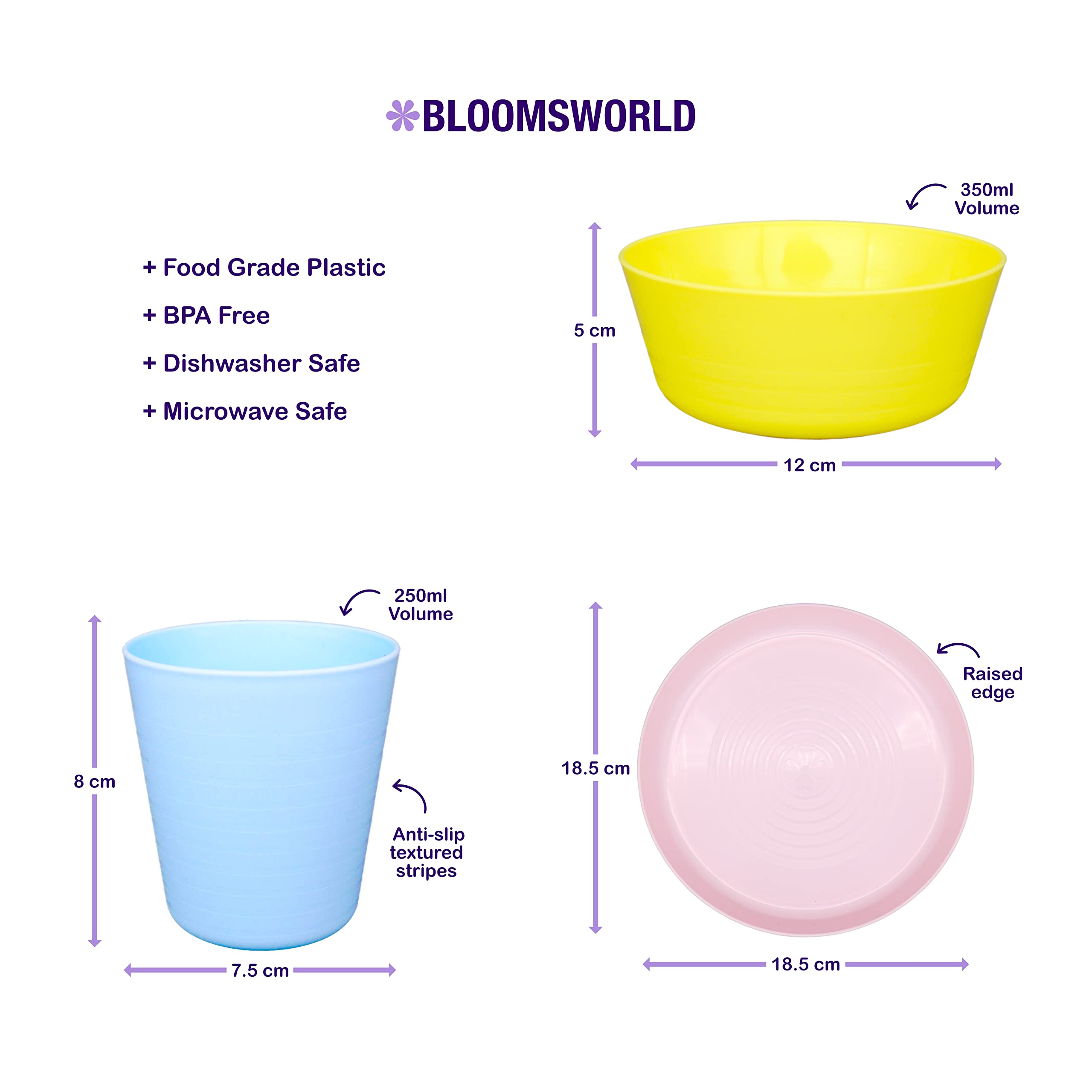 Bloomsworld Toddler Dining Set - 4 Plastic Cups, Bowls & Plates | BPA-Free Reusable Kids Tableware for Boys & Girls | Perfect for Picnics, Parties & Everyday Meals - Pastel Colors