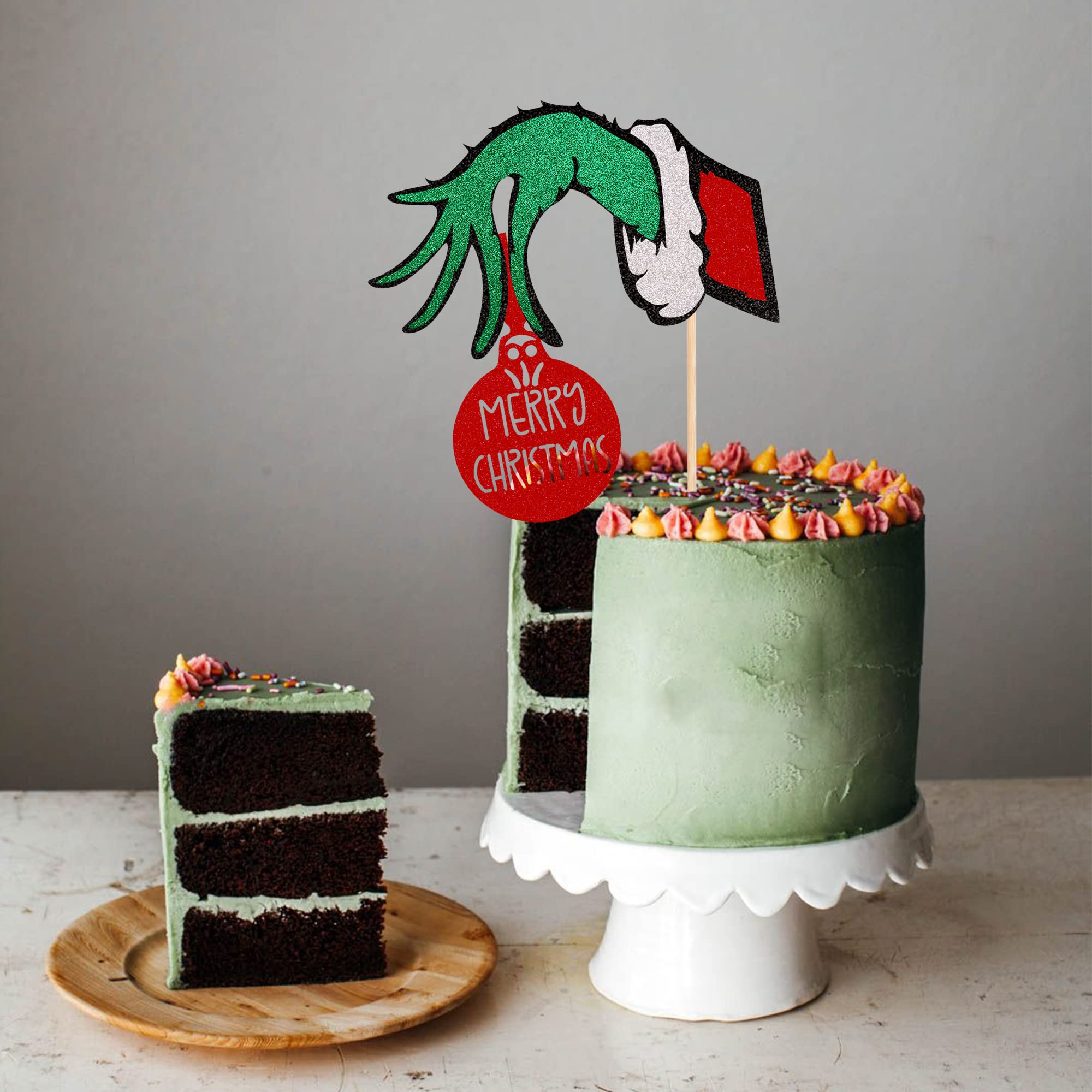 1 PCS Merry Christmas Cake Topper with Red and Green Glitter - Christmas Party Cake Decorations - Holiday Baking Supplies for Christmas Desserts, Cupcakes, and Festive Treats