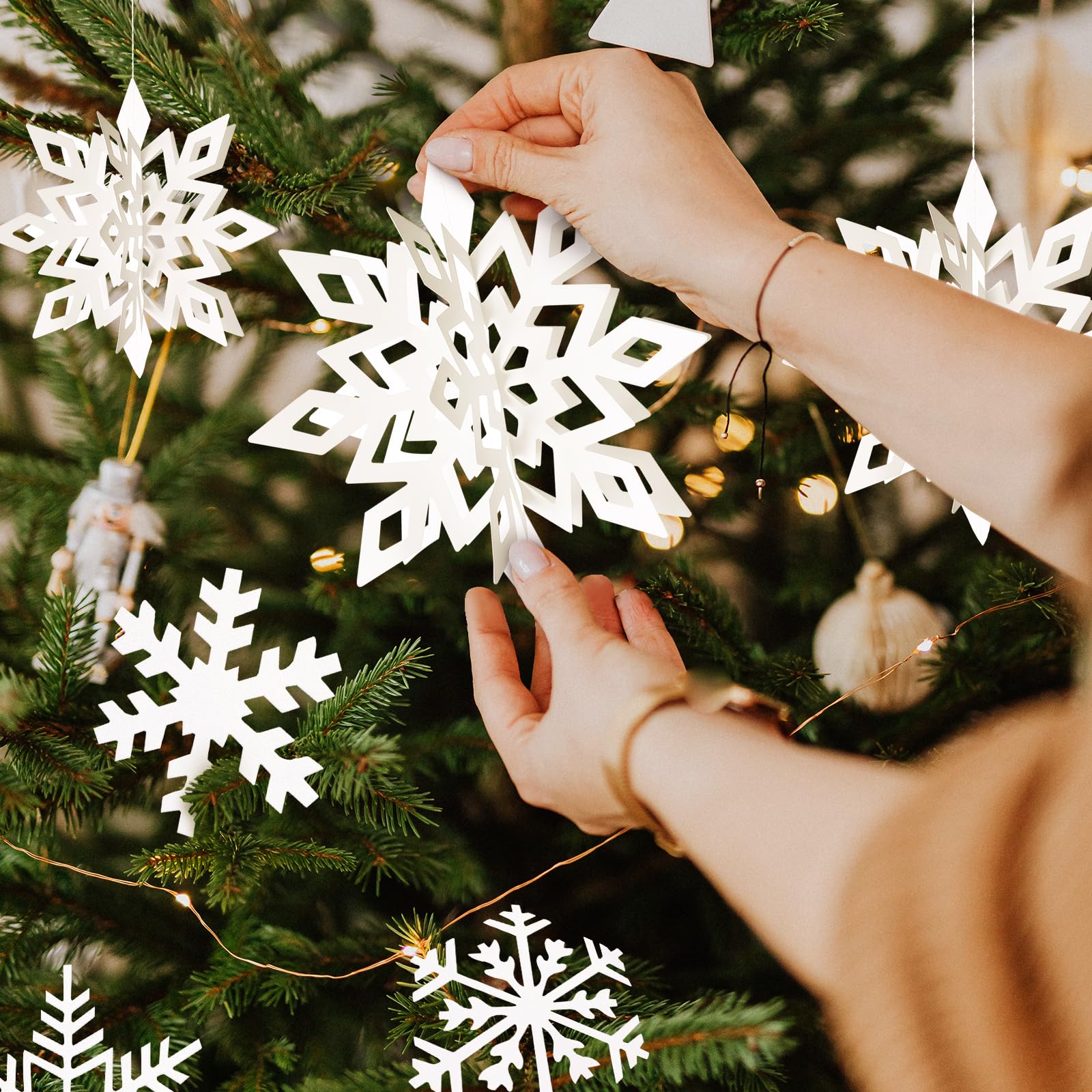 30pcs 3D Hanging Snowflake Decorations - Large Paper Snowflake Garland for Christmas Tree & Winter Wonderland Party Decor - Indoor Home Holiday Decorations for White Christmas, New Year & Winter Weddings