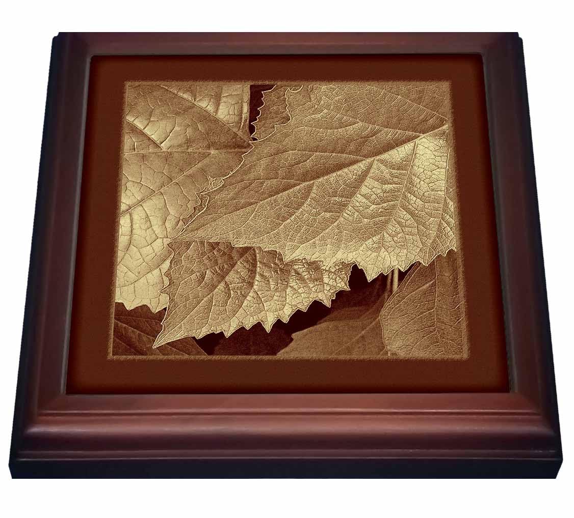 3D Rose Antique Gold Metallic Leaves with Milk Chocolate Frame Ceramic Tile Trivet - 8