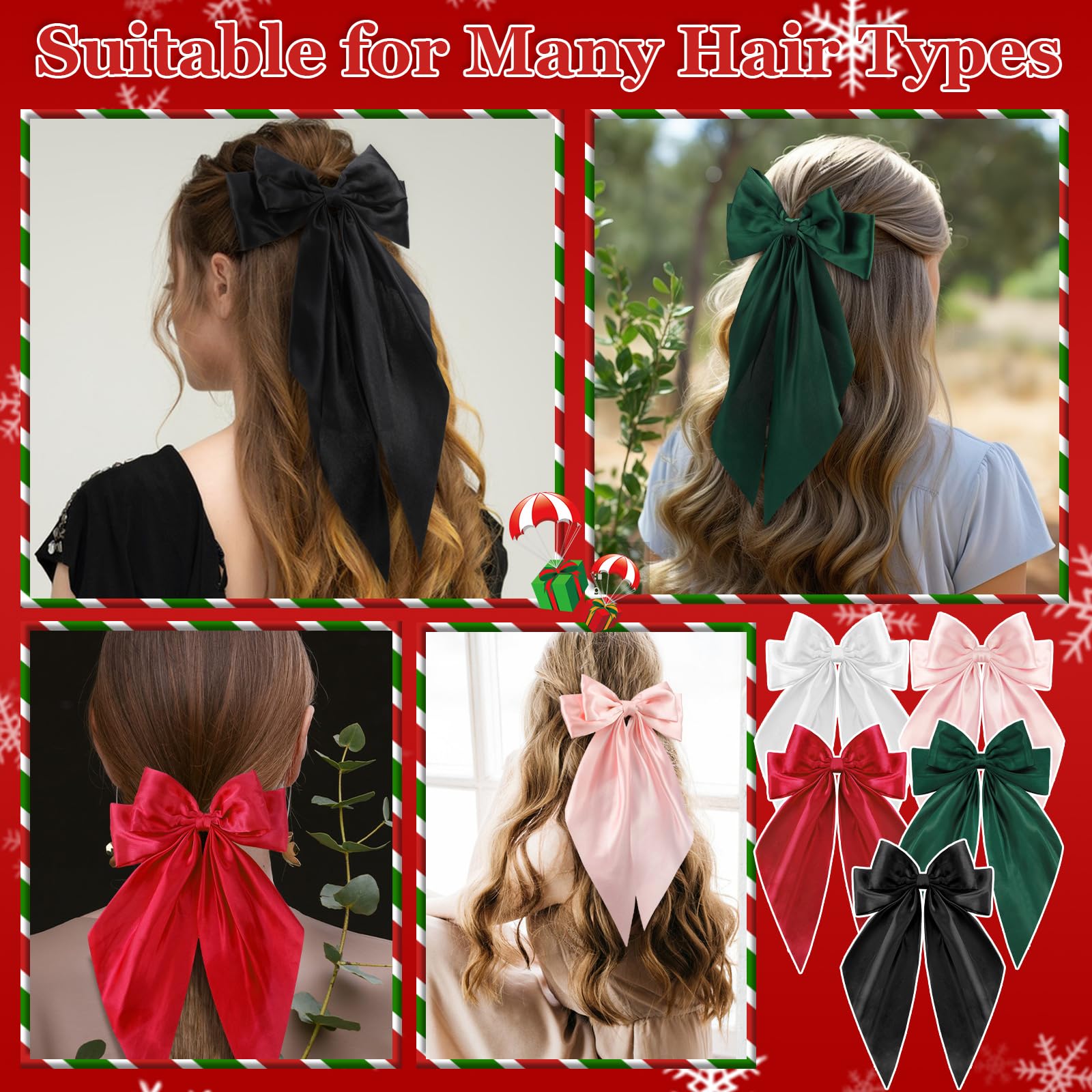 5 Pcs Satin Hair Bows - Christmas Hair Accessories for Women & Girls | Holiday Party & Gifts