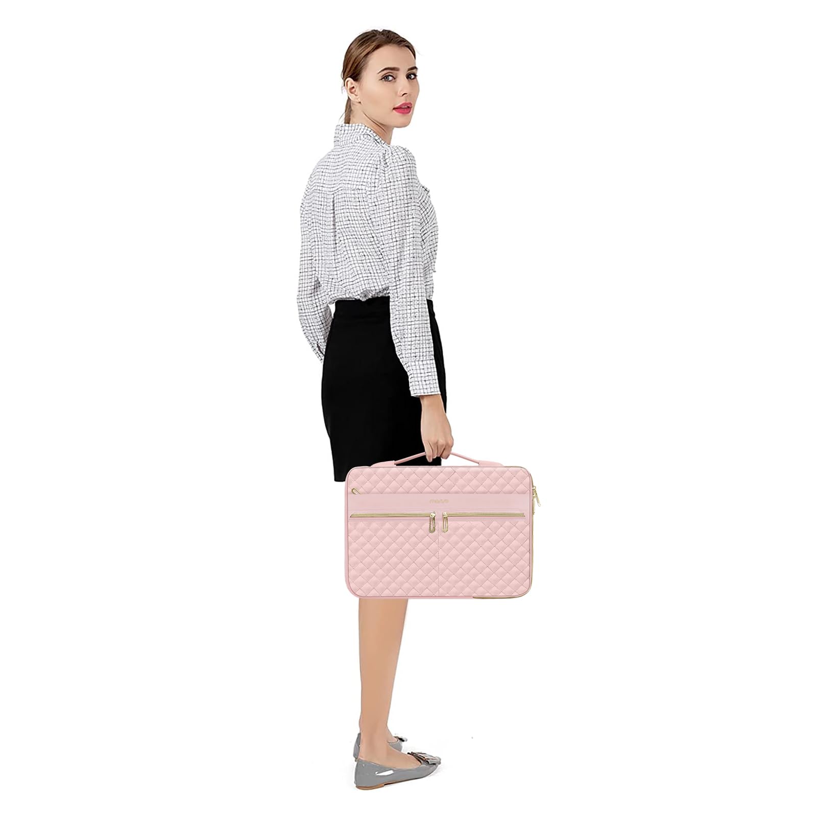 MOSISO 360 Protective Laptop Sleeve for MacBook Air 13/Pro 13-14 inch - Quilted Side Open Bag with 3 Pockets, Handle & Belt - Perfect for Work, School & Travel - Pink