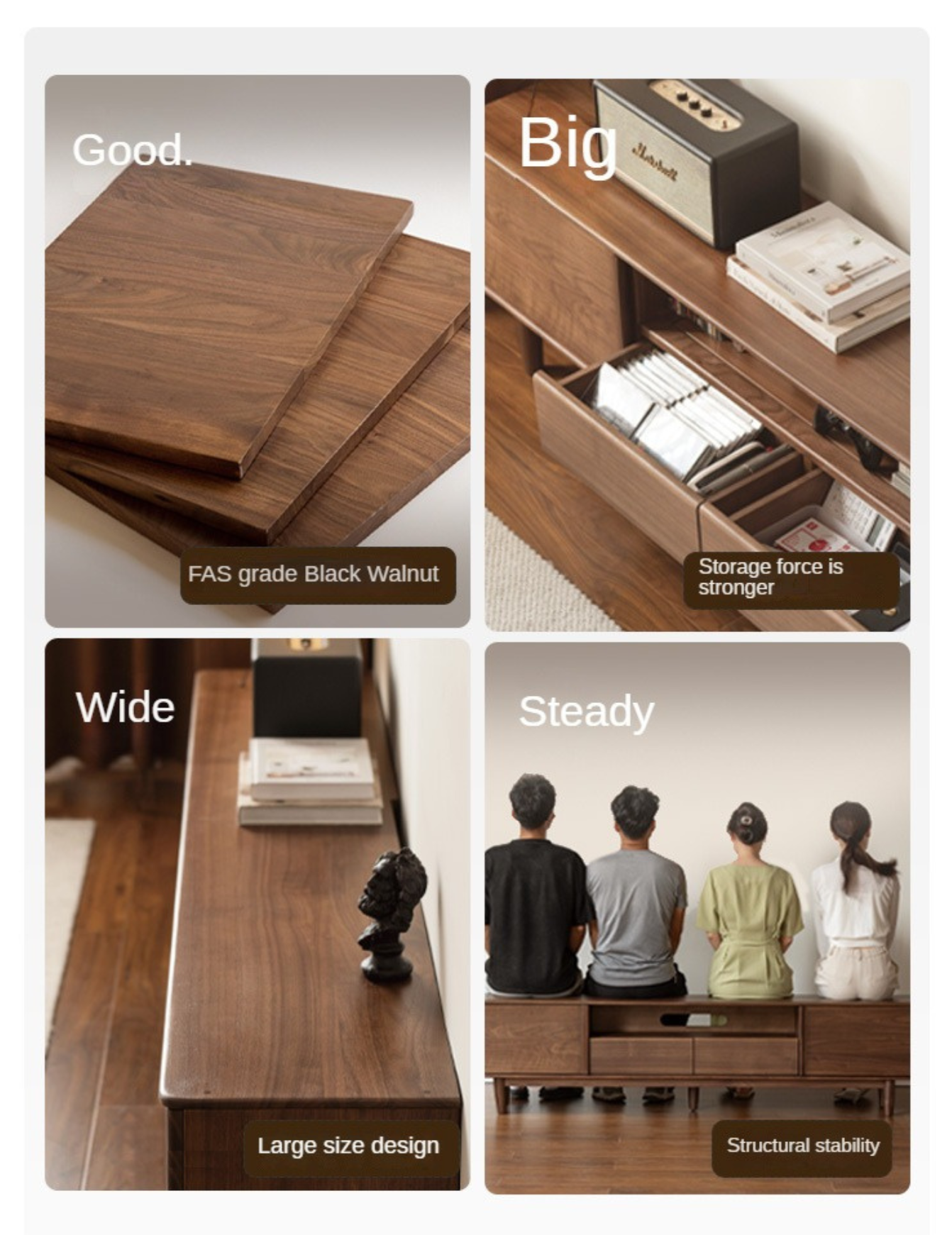Premium Black Walnut Solid Wood TV Stand - Modern Minimalist Design Entertainment Center for Living Room, Bedroom & Home Theater