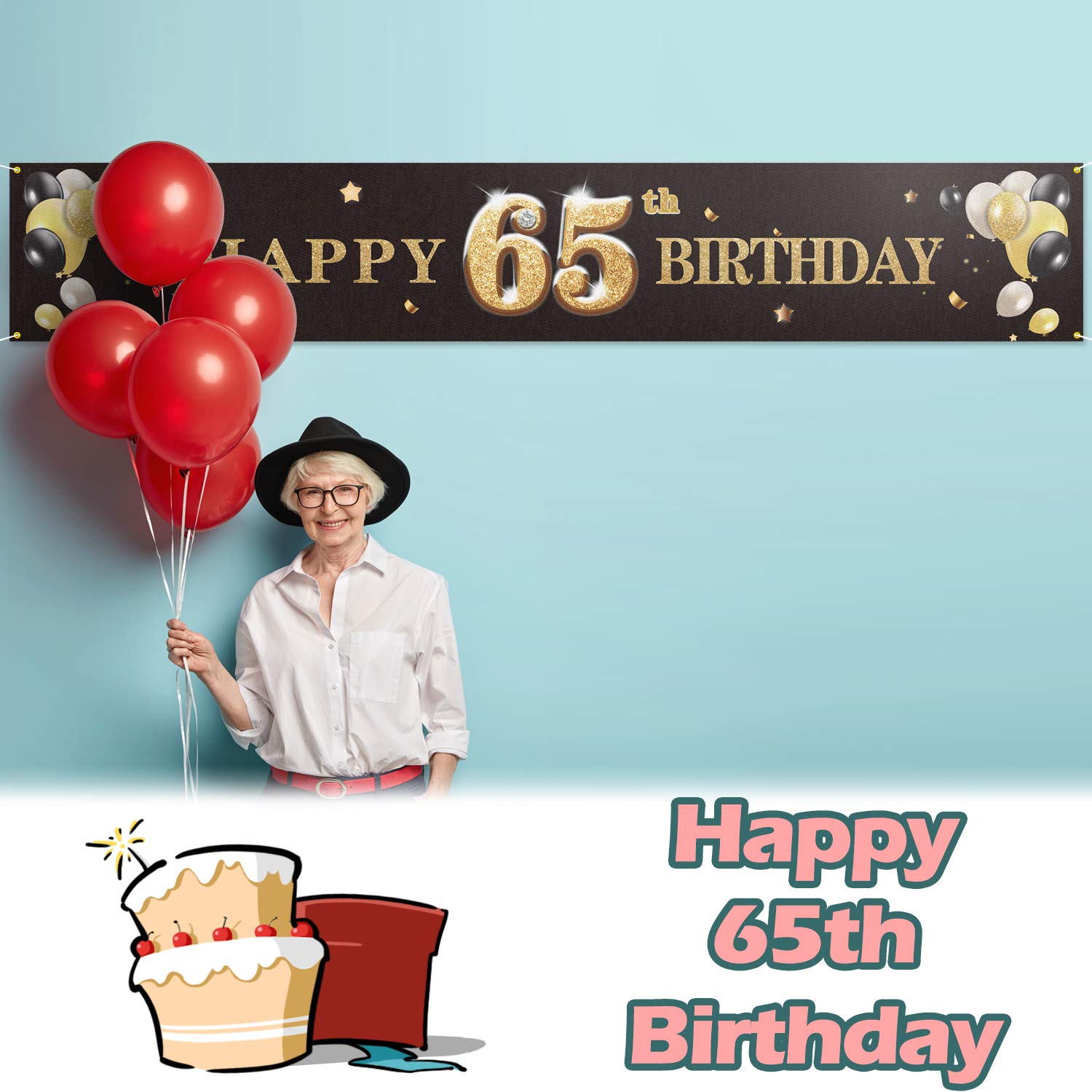 65th Birthday Backdrop Banner - Cheers to 65 Decor for Party & Photo Booth