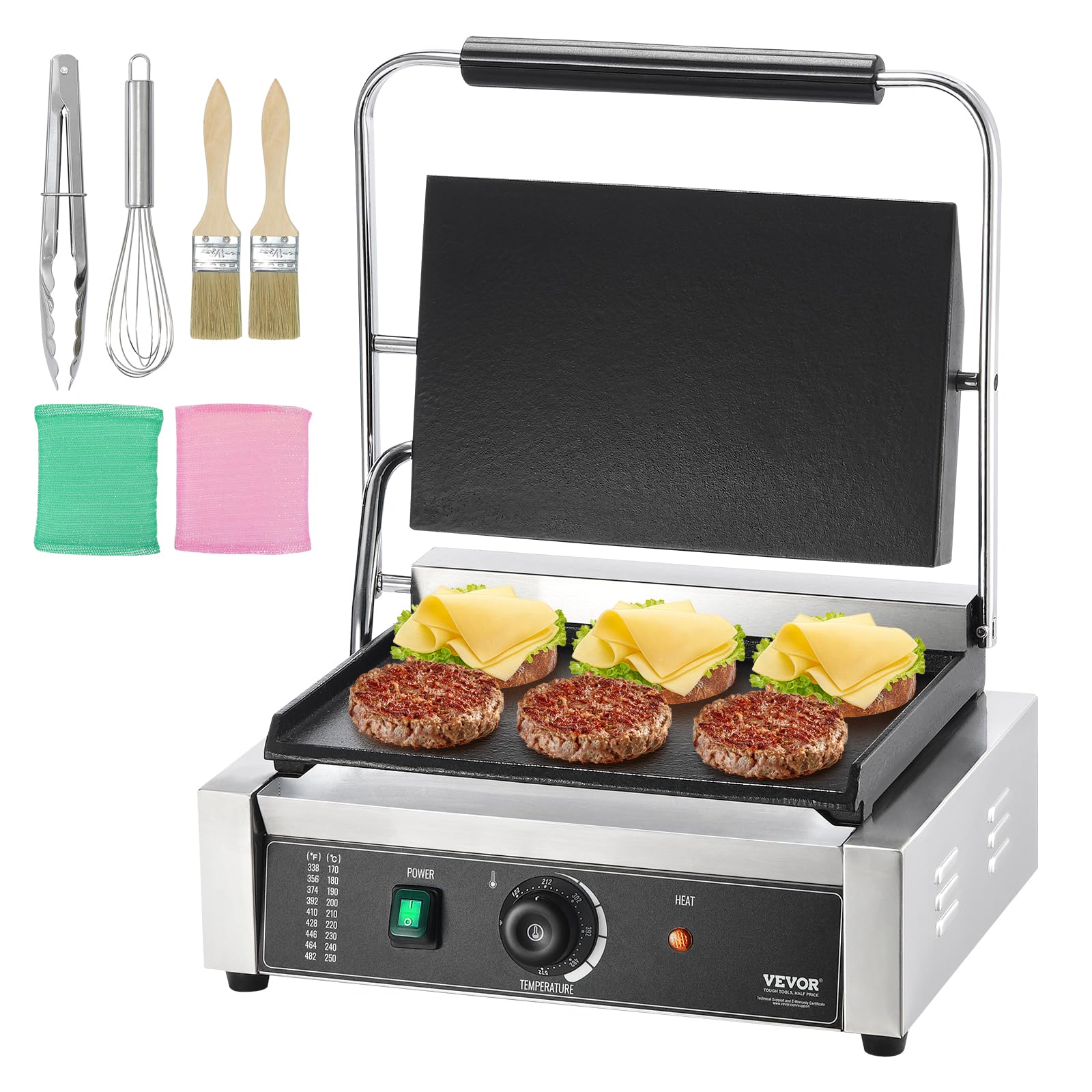 VEVOR 1800W Commercial Panini Grill Press - Stainless Steel Electric Sandwich Maker with Temperature Control & 14